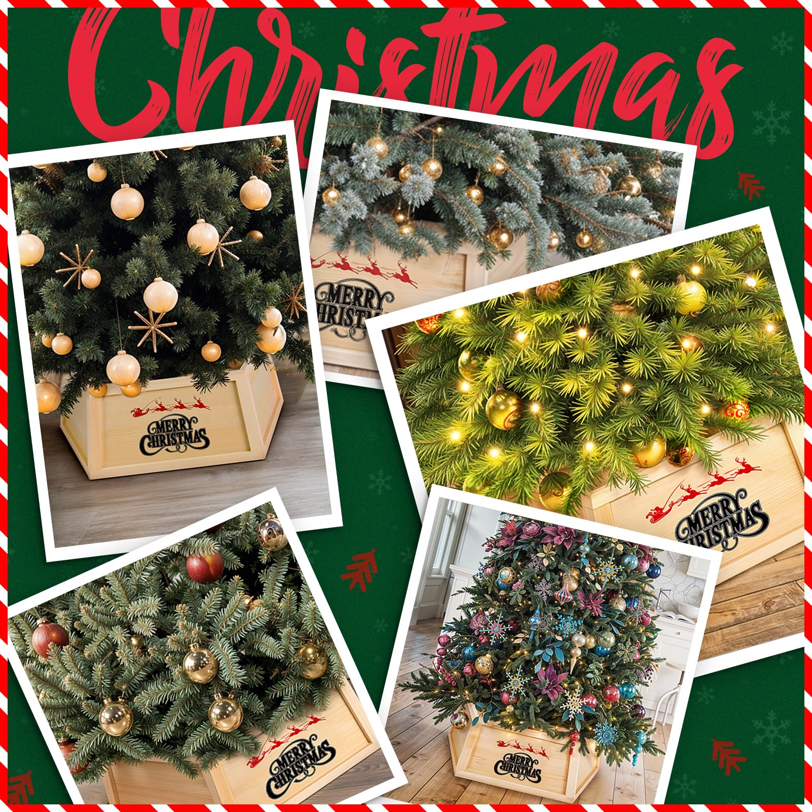 Christmas tree decorated with wood collar skirt