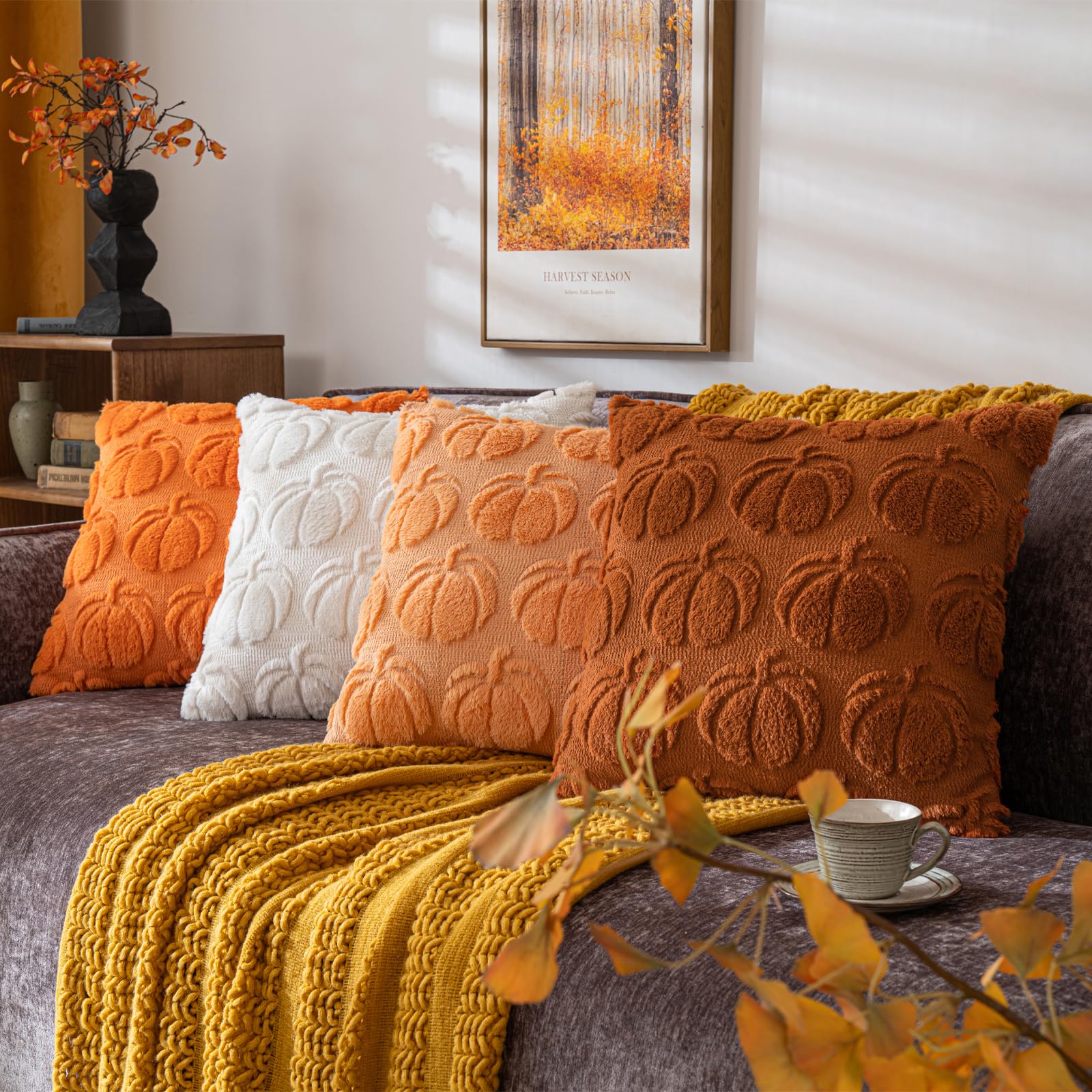 cozy fall throw pillows with pumpkin pattern