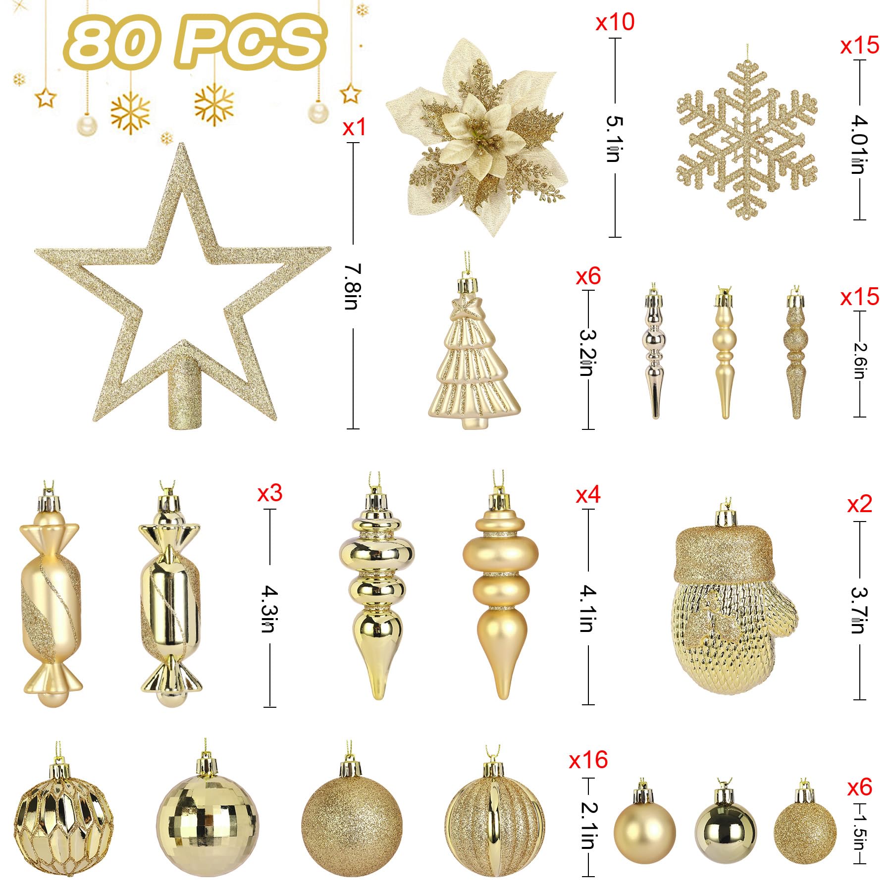 80pcs Gold Christmas Ornaments Set - Ornament Details