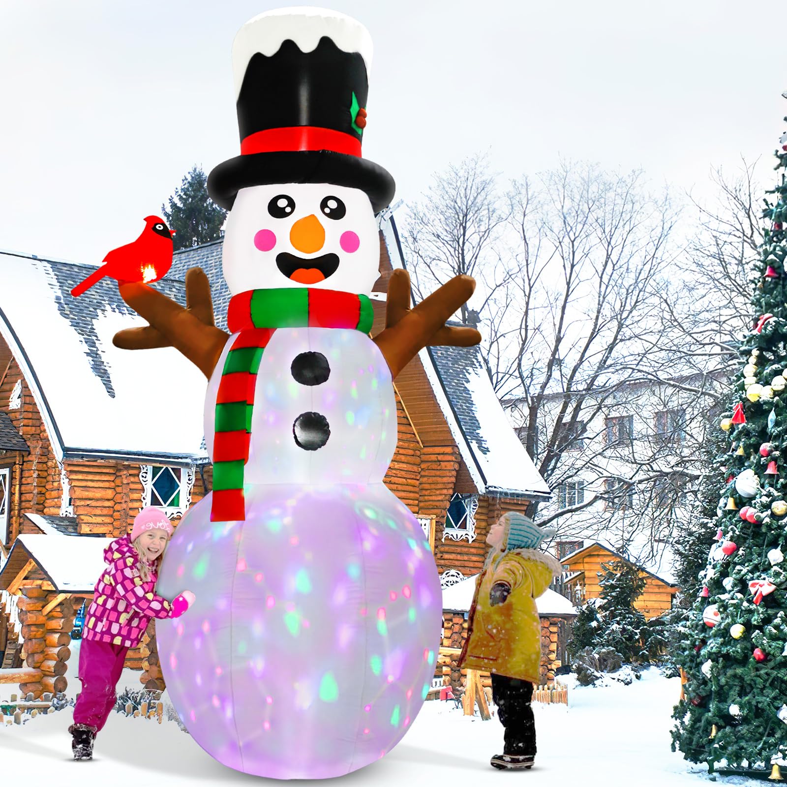 kids playing yard with Christmas inflatables
