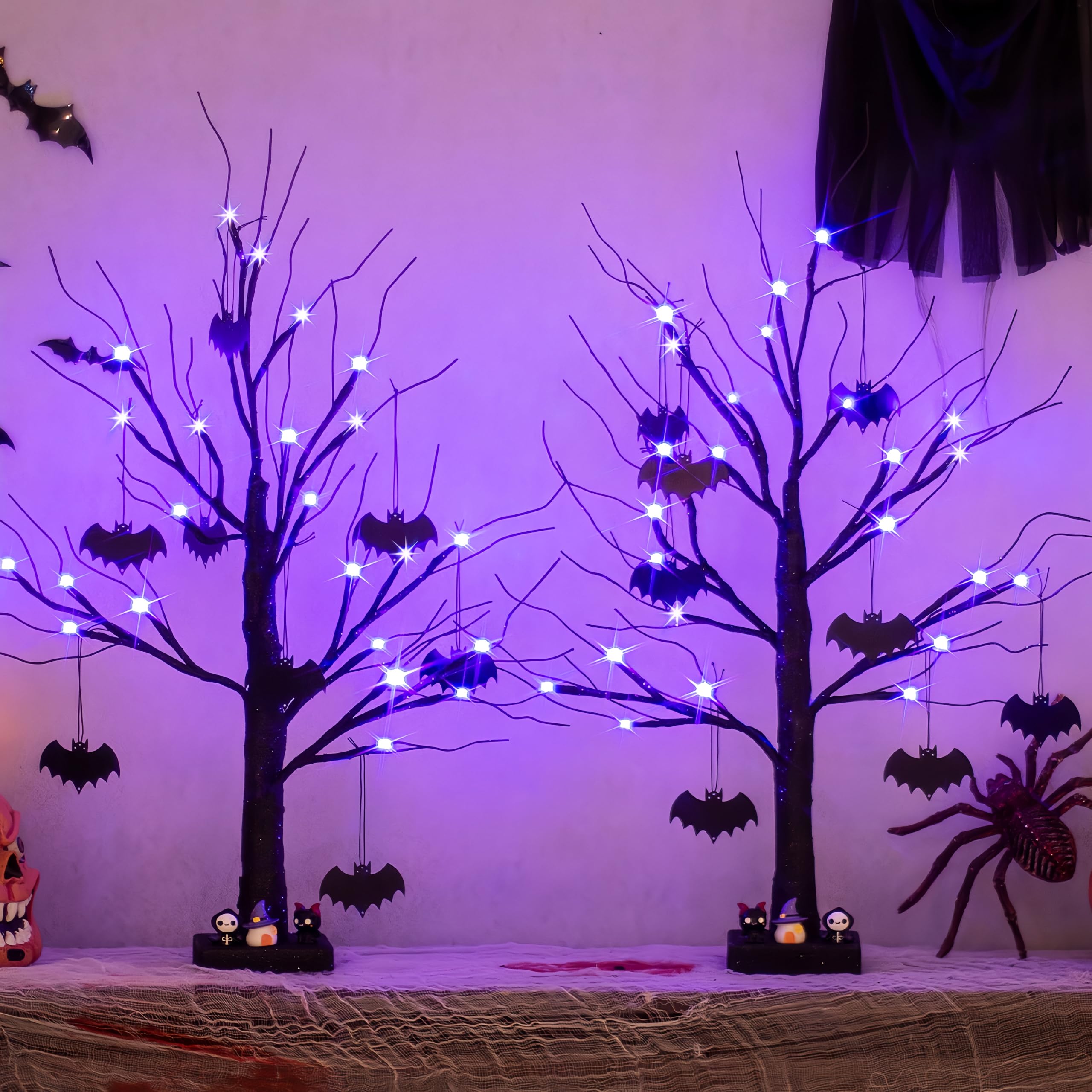 2 Pack 2FT Black Halloween Tree with Purple Lights and Bat Ornaments