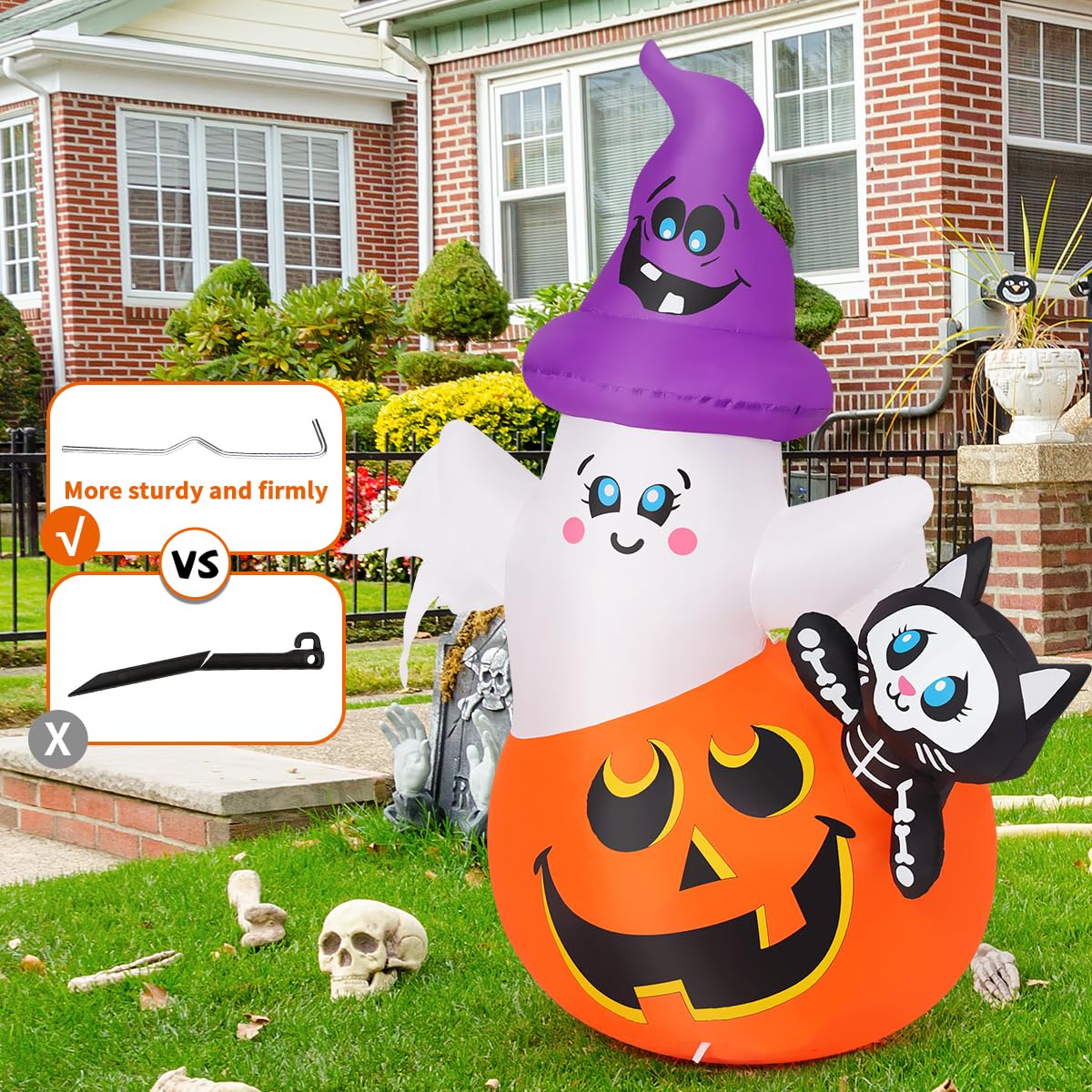 Halloween inflatable ghost with pumpkin and cat in front of a house