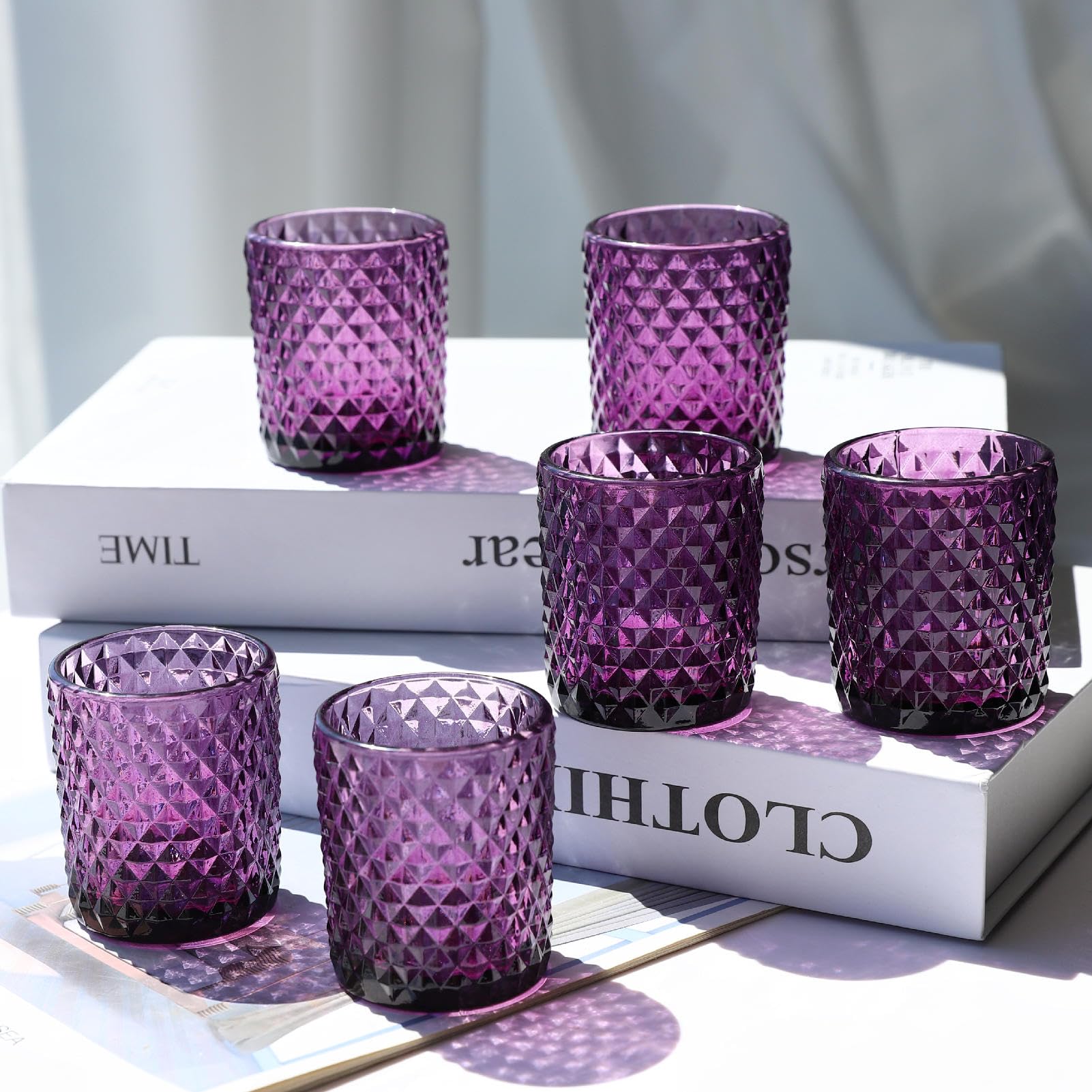 12pcs Purple Vintage Glass Diamond Pattern Votive Candle Holders