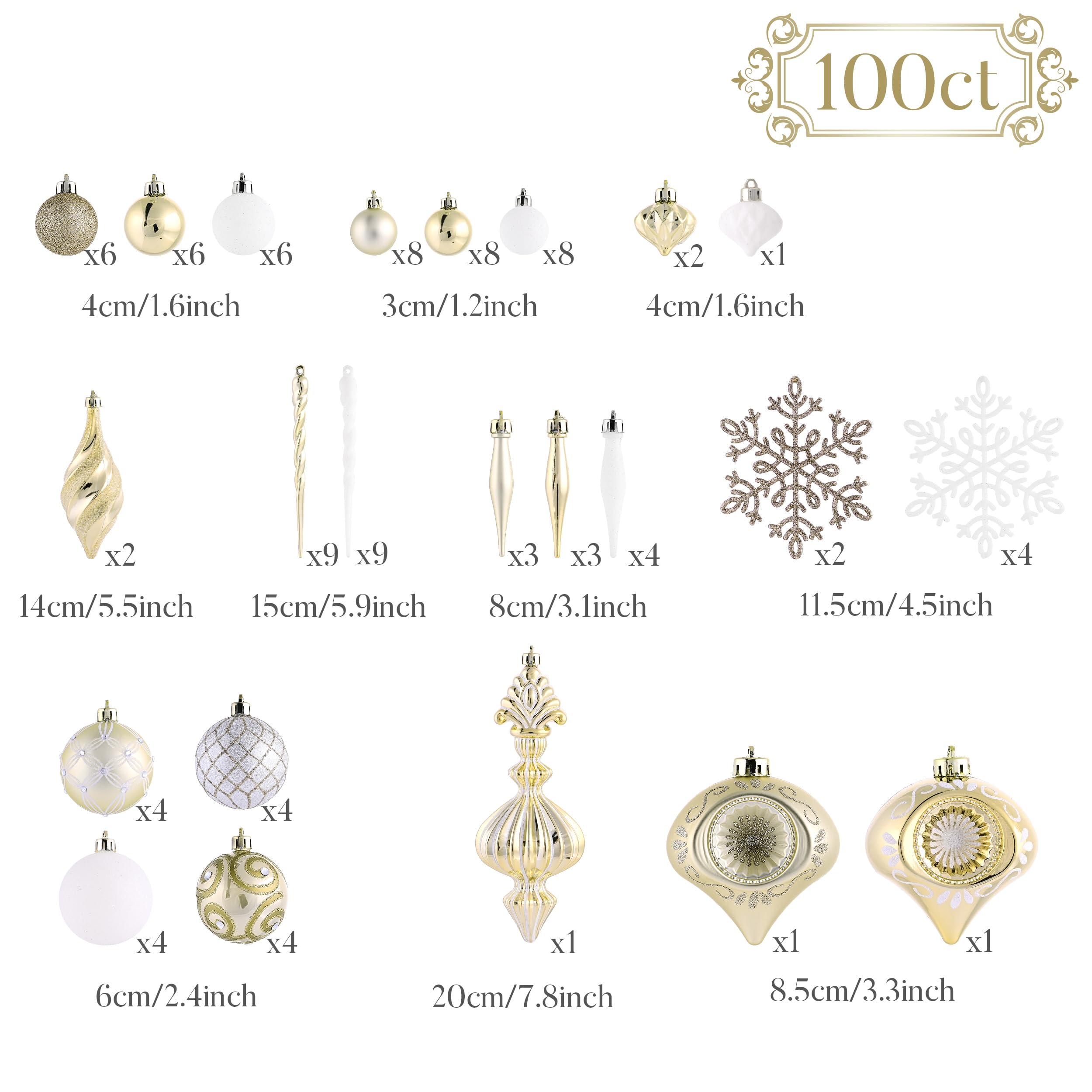 sizes and quantity of white and gold Christmas tree decor
