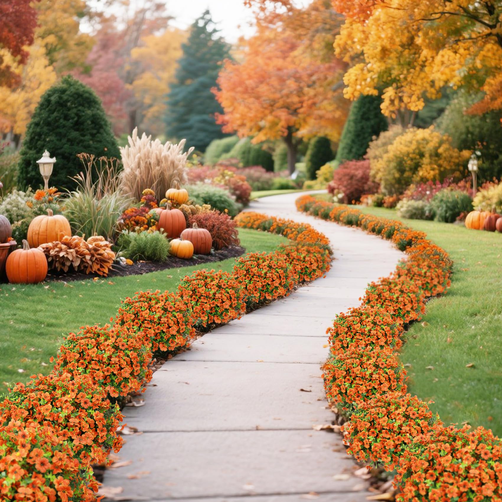 24 Bundles Artificial Mums Flowers for Outdoors, Green-Orange
