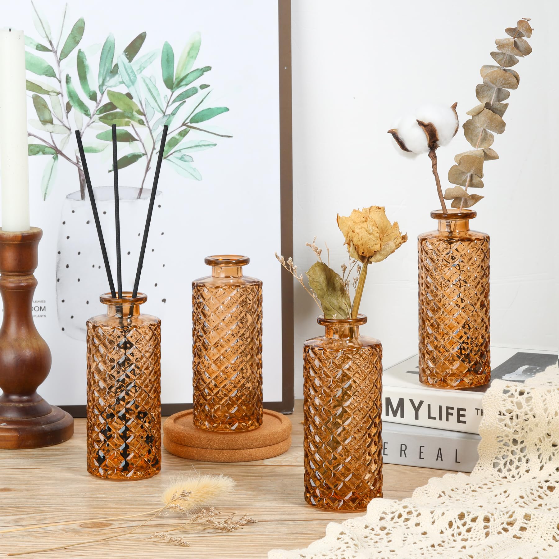 Set of 6 Amber Glass Mini Vases with vintage diamond pattern