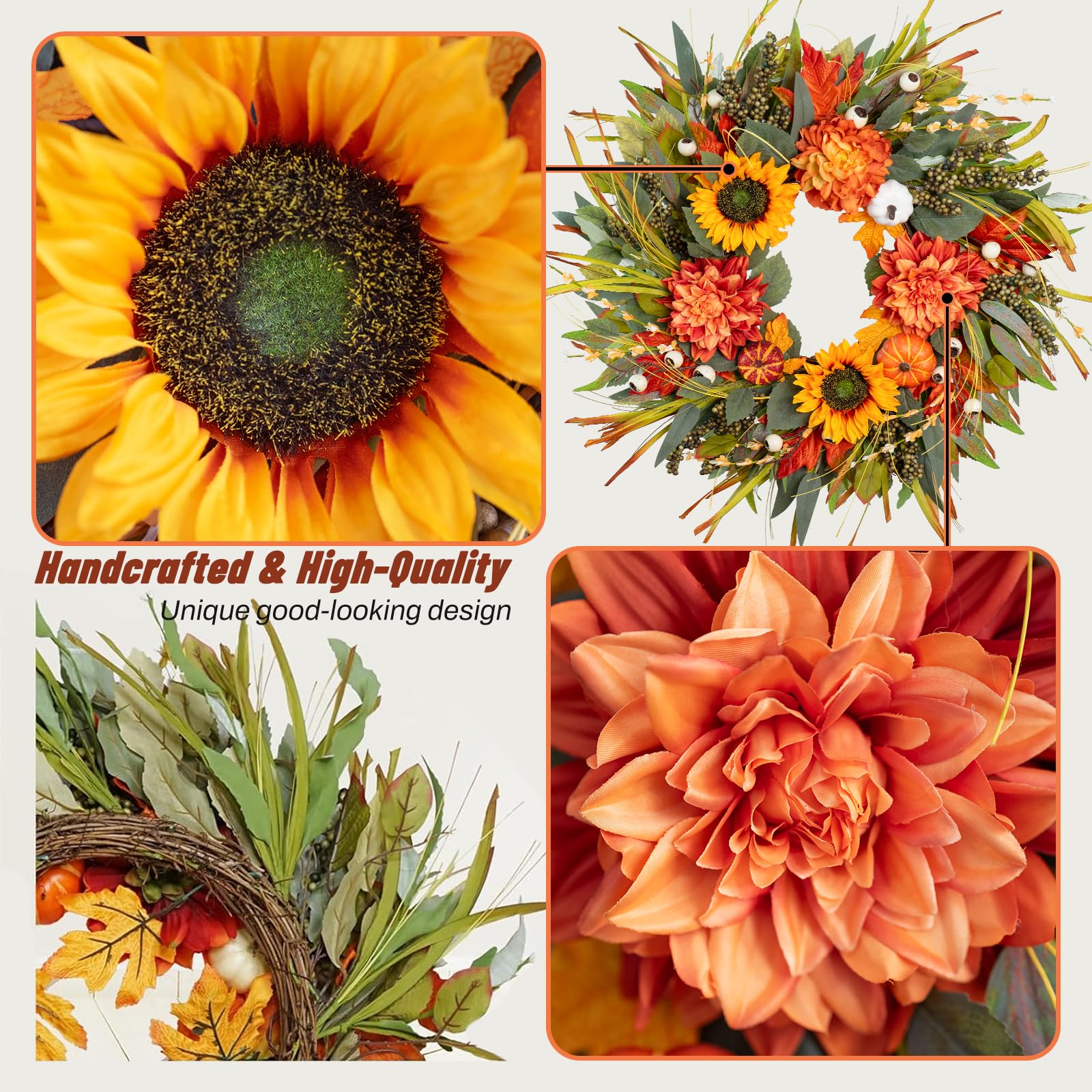Collage of sunflower, wreath, and dahlia with text 'Handcrafted & High-Quality Unique good-looking design'.