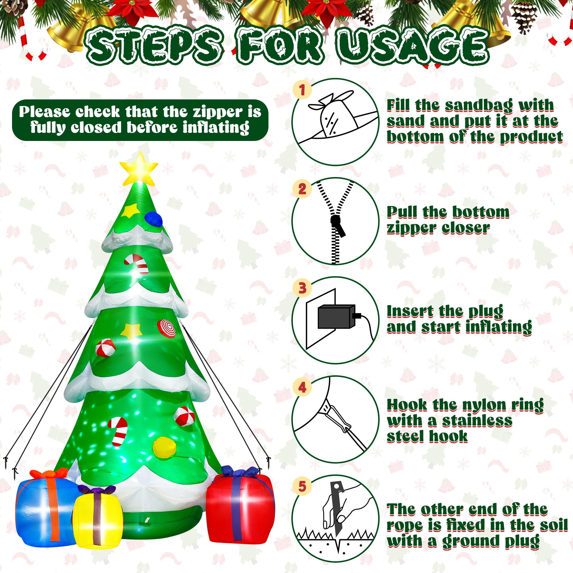 Steps for usage, inflating and staking Christmas tree inflatable
