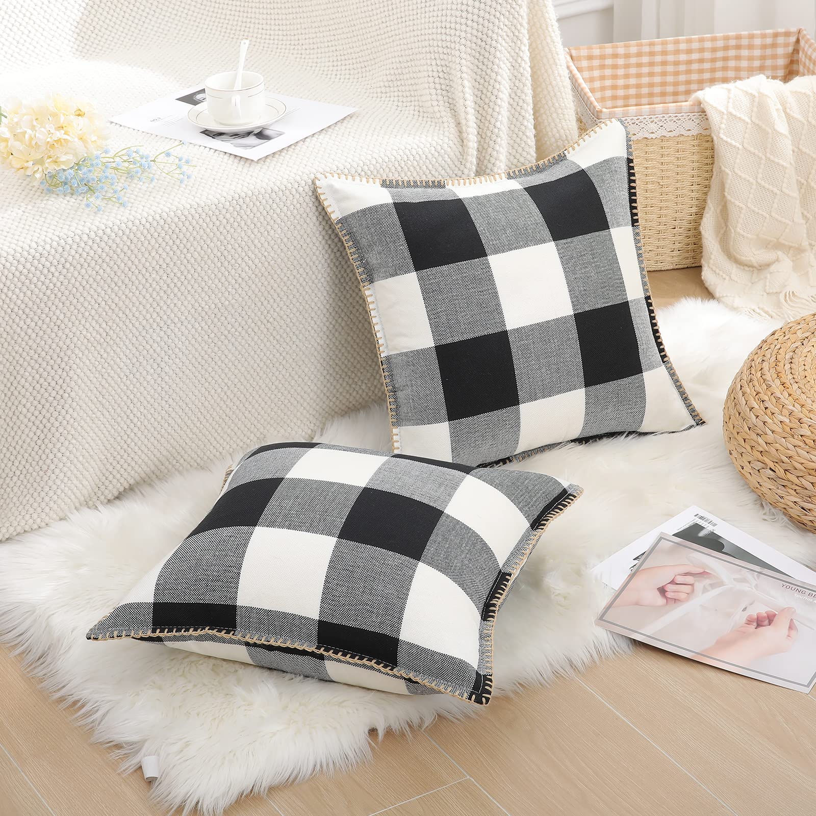 set of 2 fall throw pillow covers black and white buffalo checkered pattern