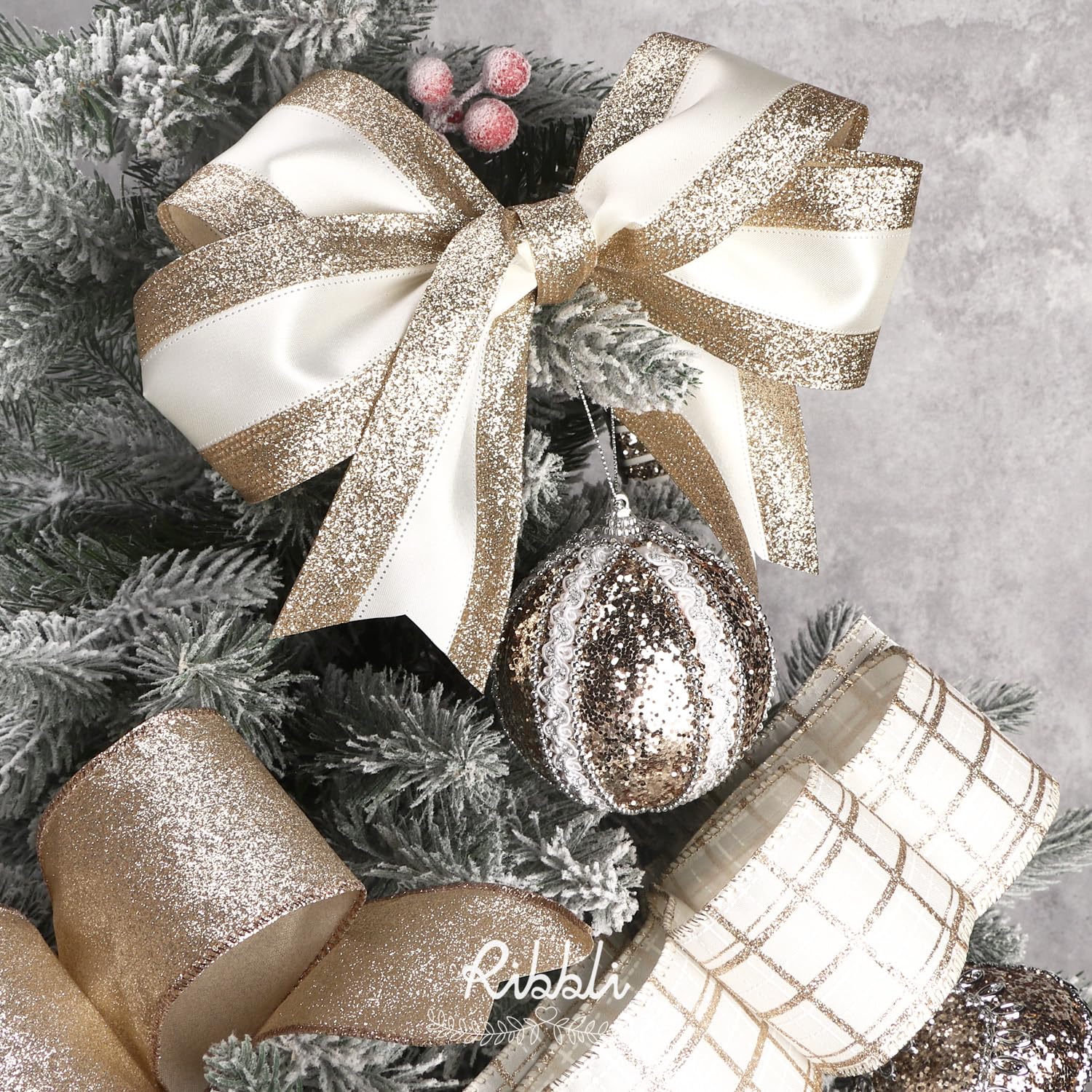 glitter champagne ribbon Xmas decor