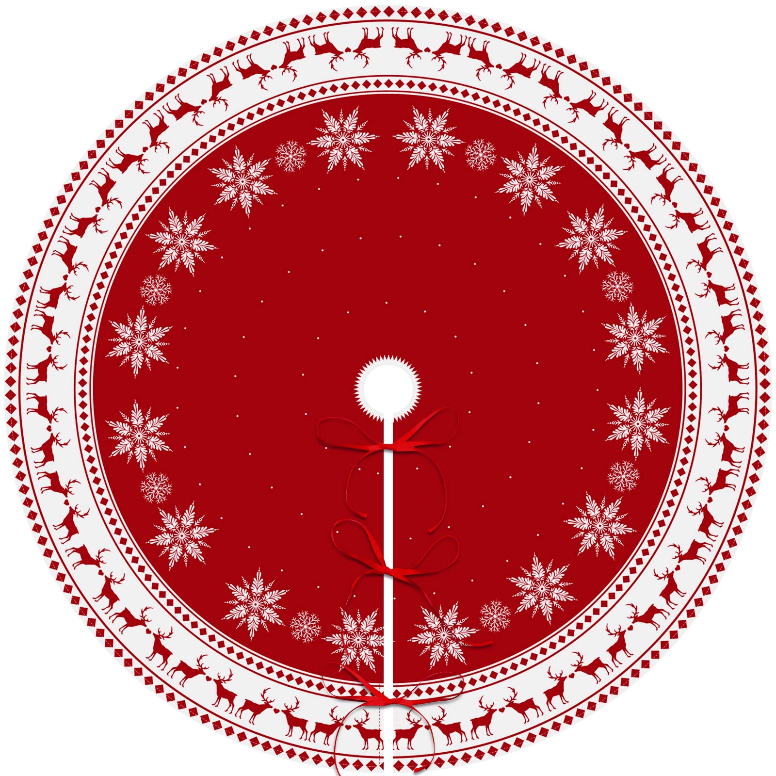 Large Red and White Snowflake Reindeer Christmas Tree Skirt