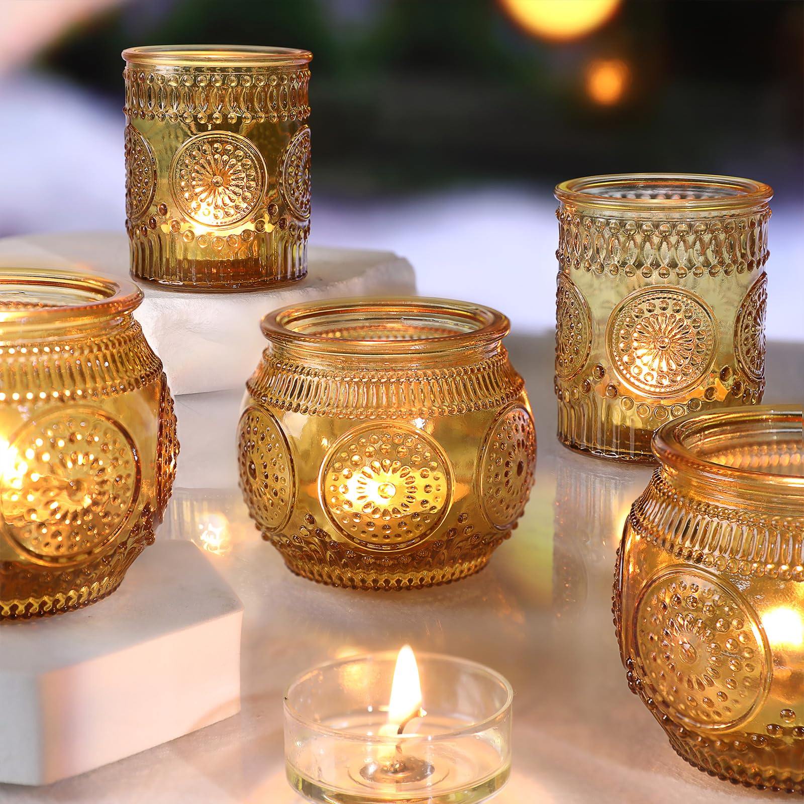 Multiple styles amber glass candle holder set