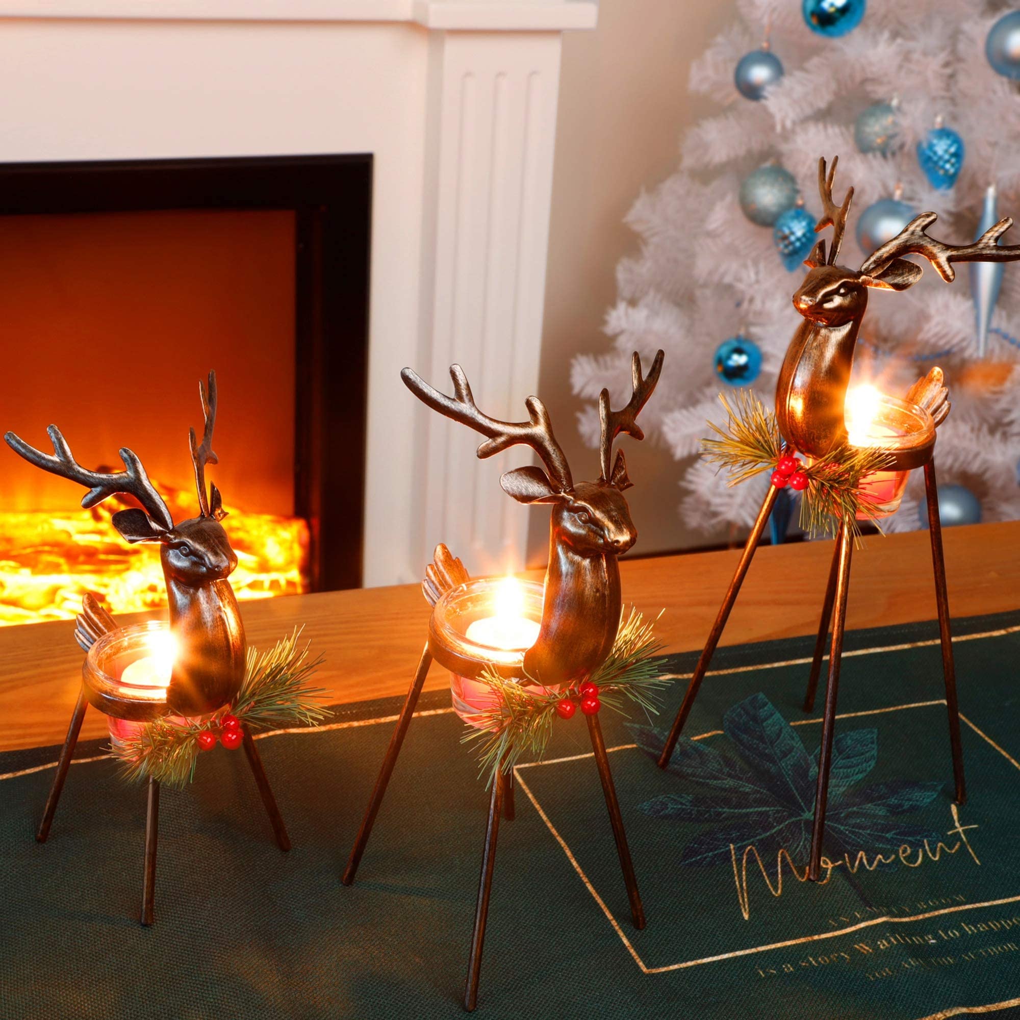 Bronze Finished Metal Reindeer Candle Holders Christmas Decor