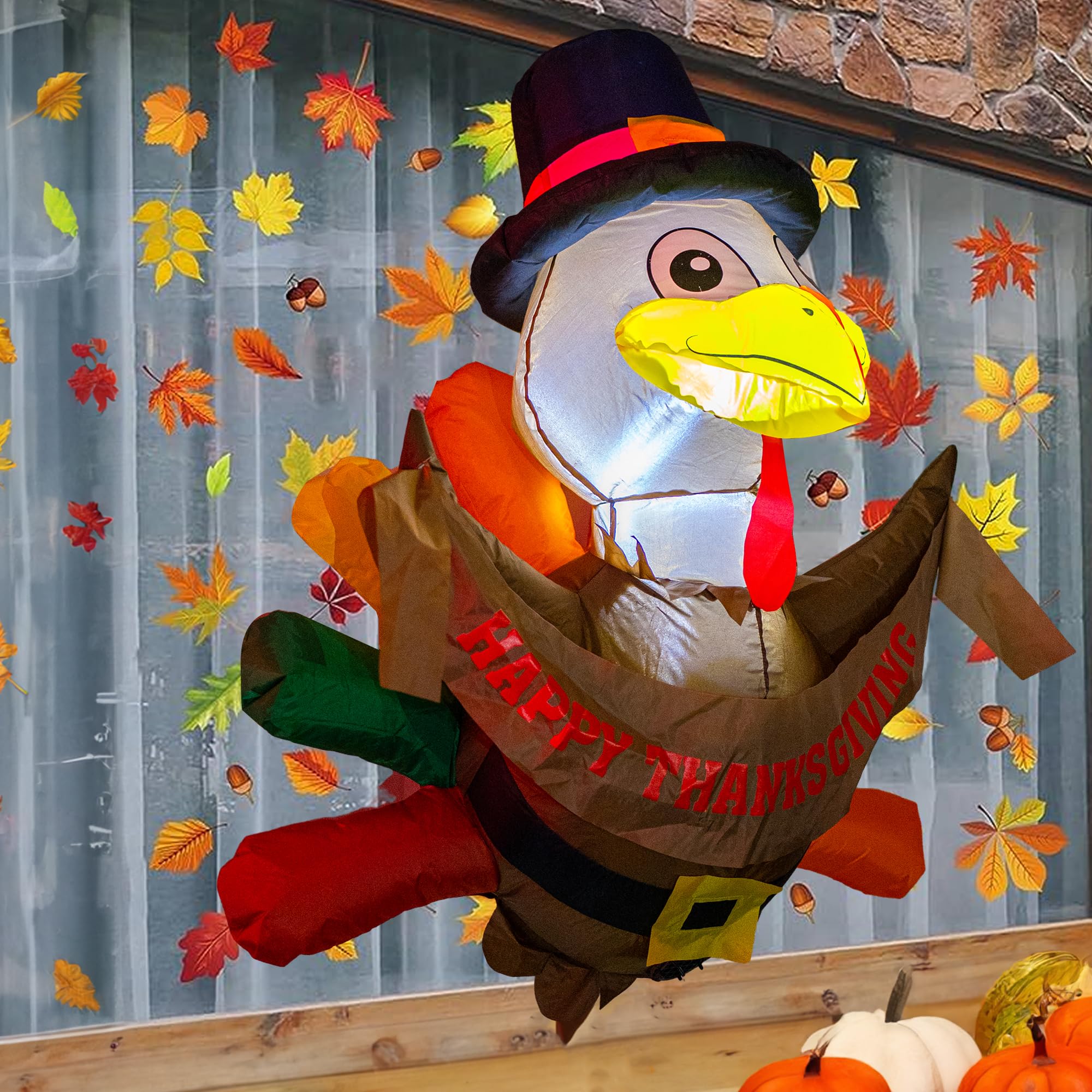 3.5 FT Happy Thanksgiving Inflatable Turkey Window Decoration with LEDs