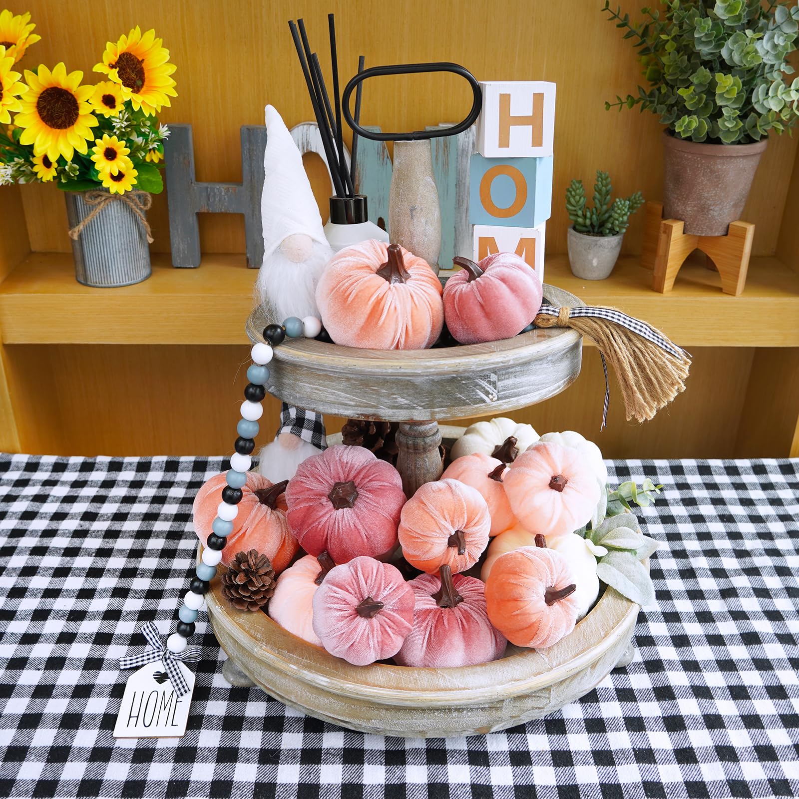 autumn centerpiece idea velvet faux pumpkins