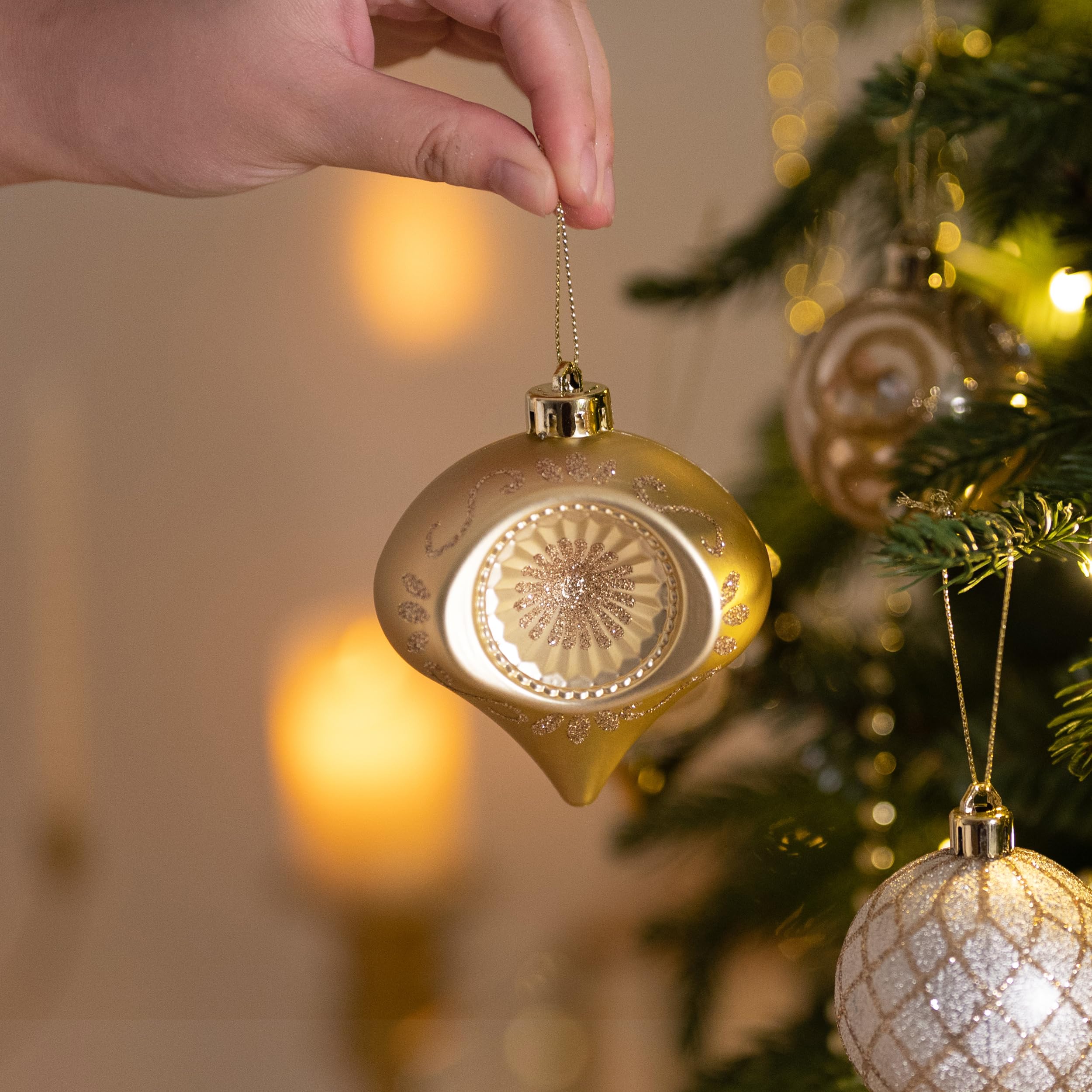 gold ornaments with glitter