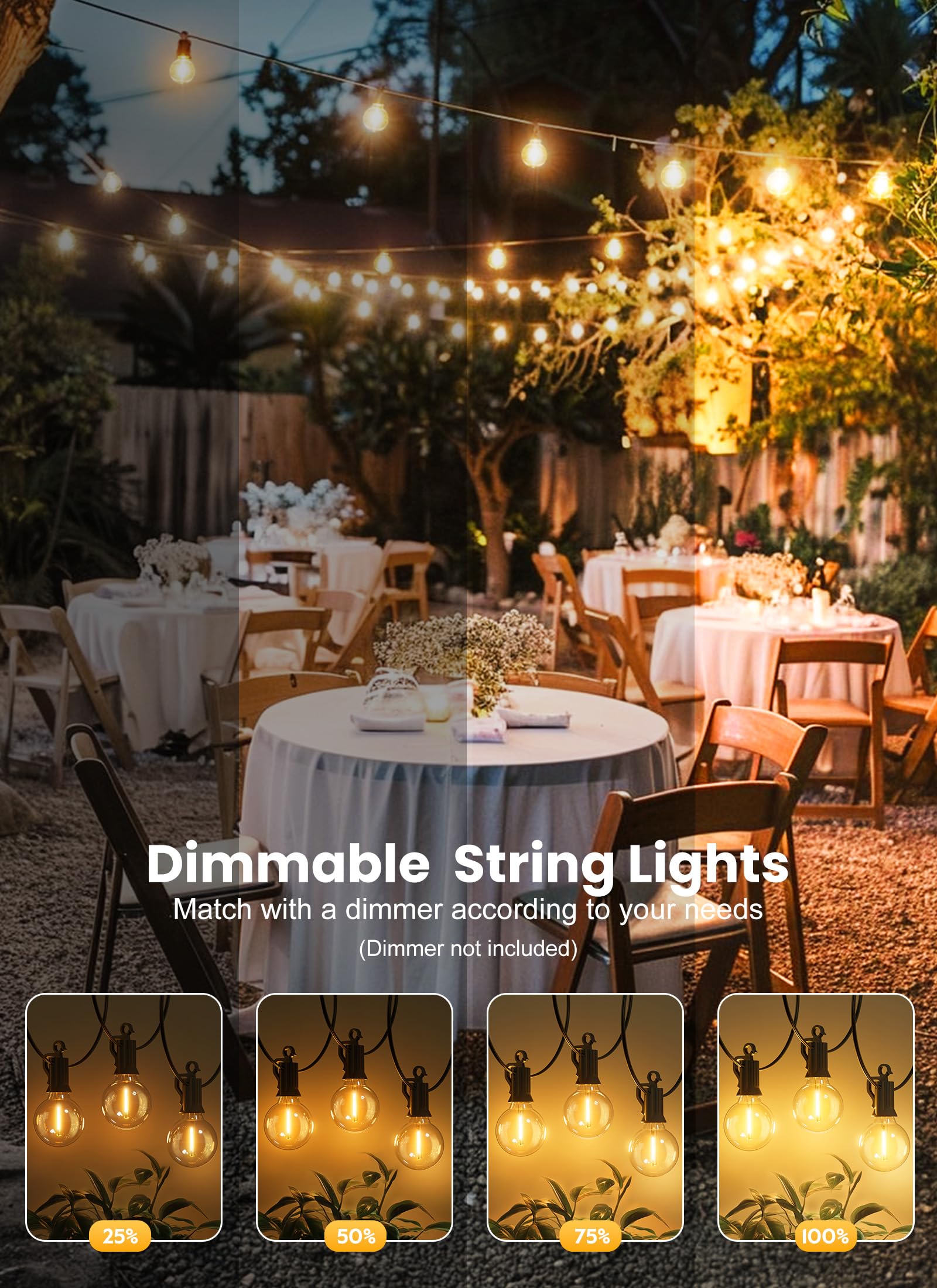 50FT 25 G40 Bulbs Patio Lights, IP65 Waterproof & Dimmable