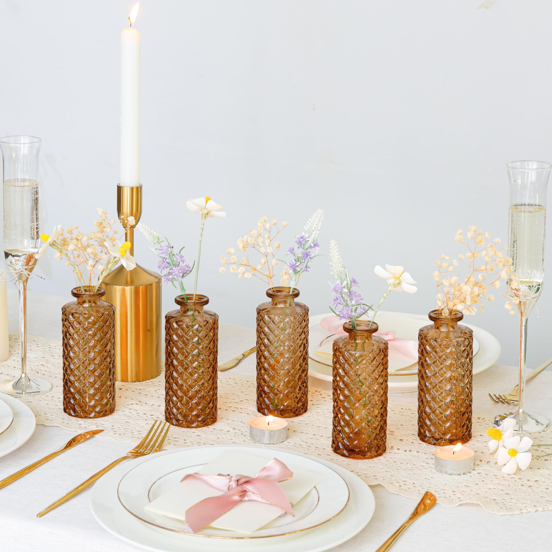 amber glass mini vases perfect for fall table decor