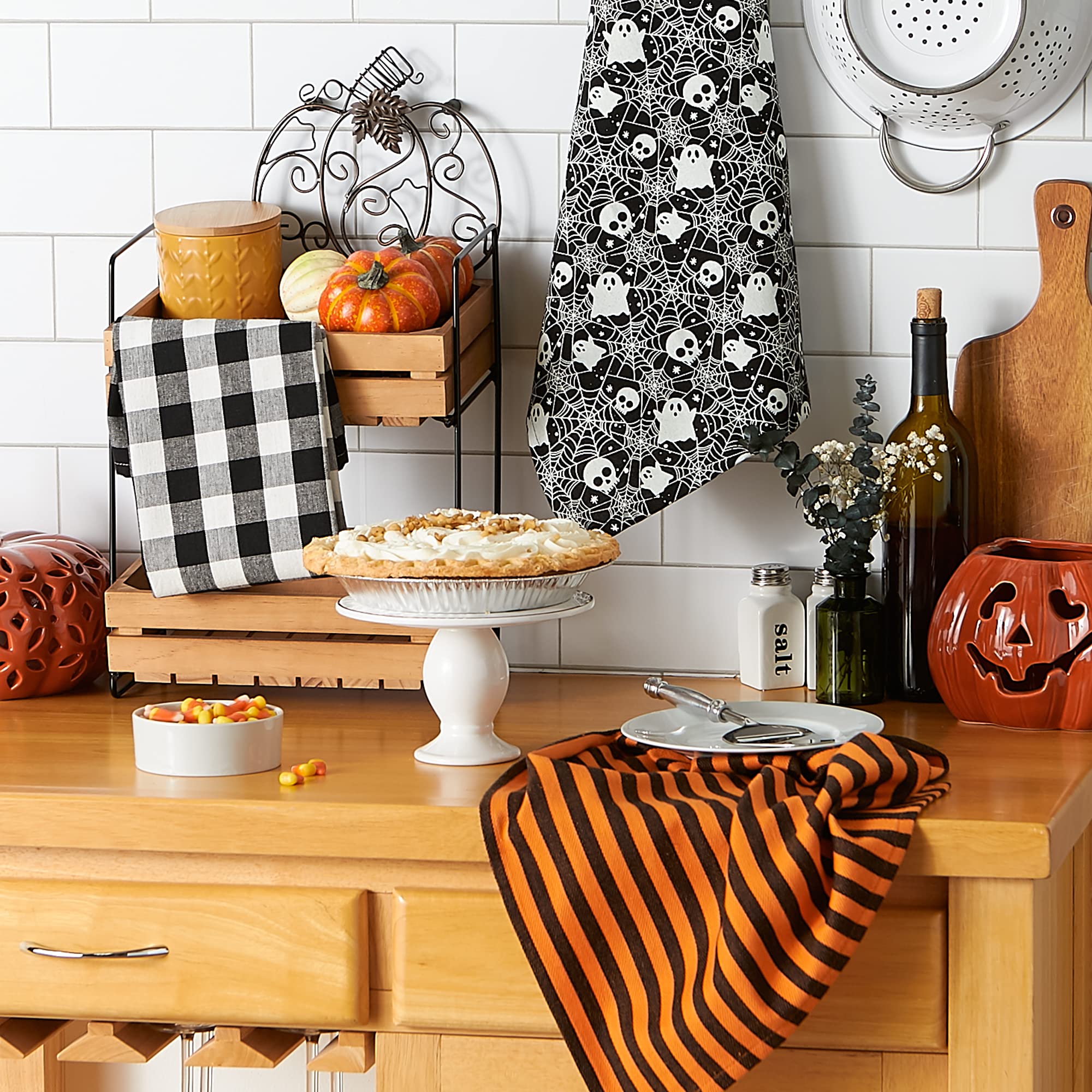 Halloween Hand Towels with buffalo check design, orange black stripes, and skulls webs ghosts