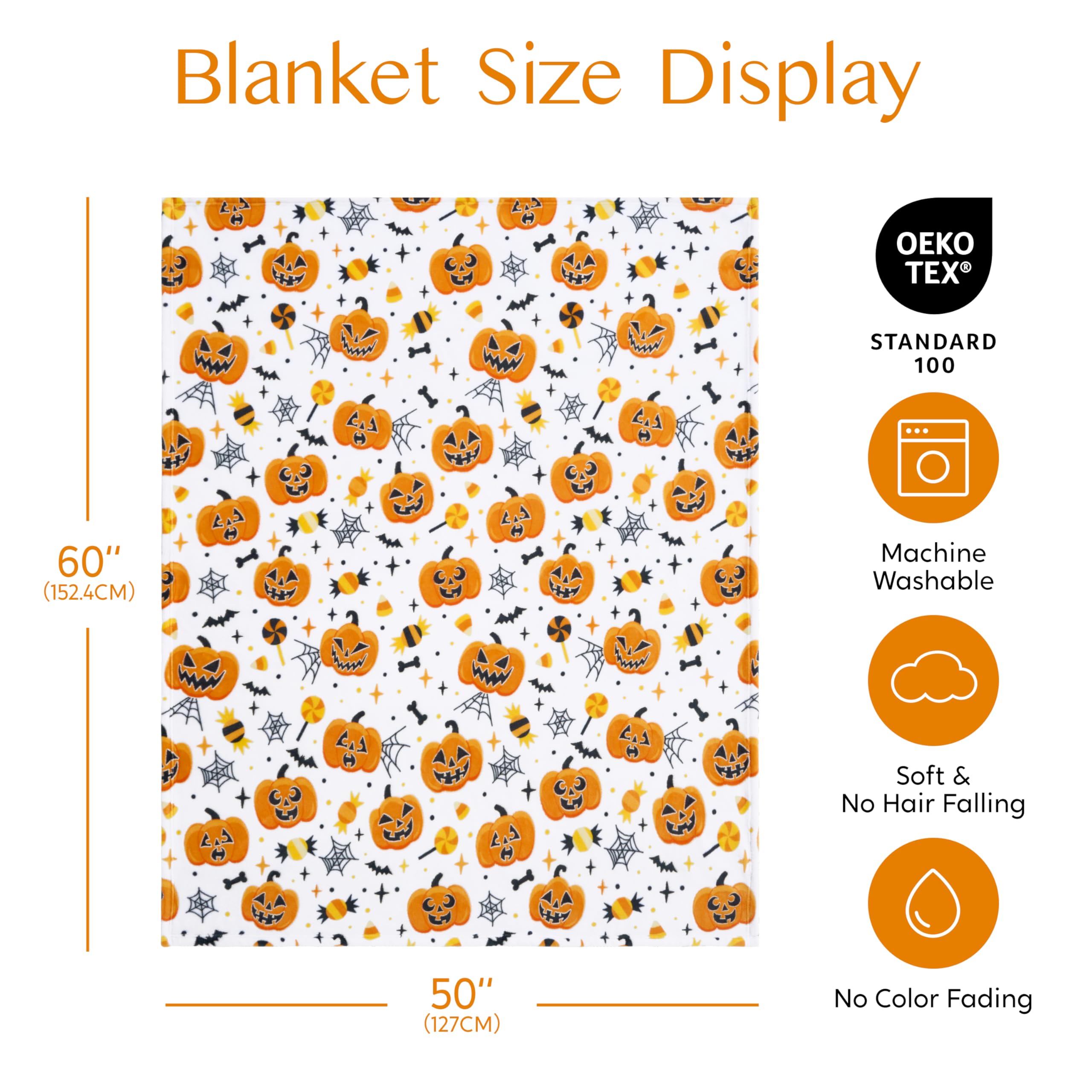 Halloween-themed blanket with pumpkins and ghosts, features and size chart.