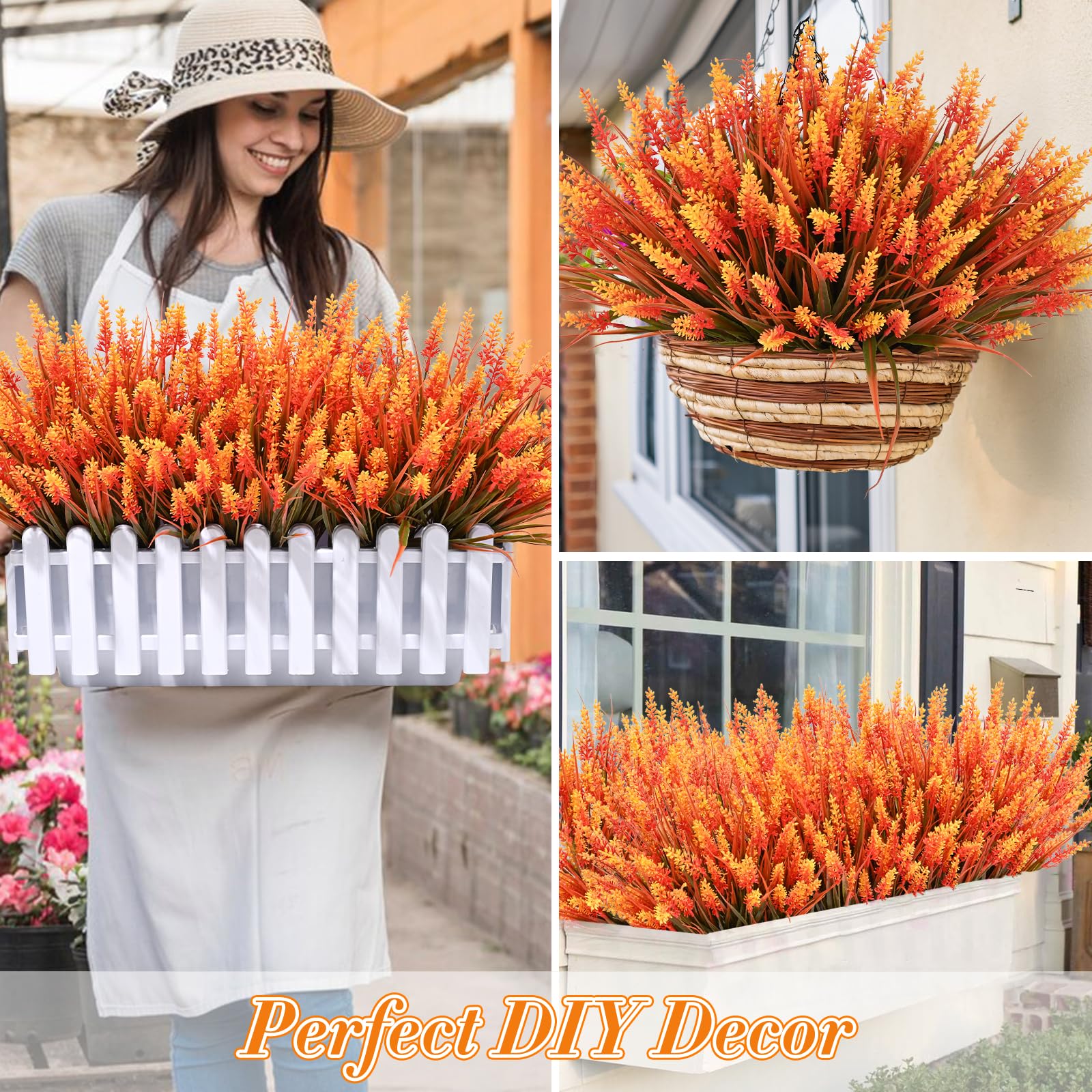 20 Bundles Orange UV Resistant Faux Mums for Outdoor Planters