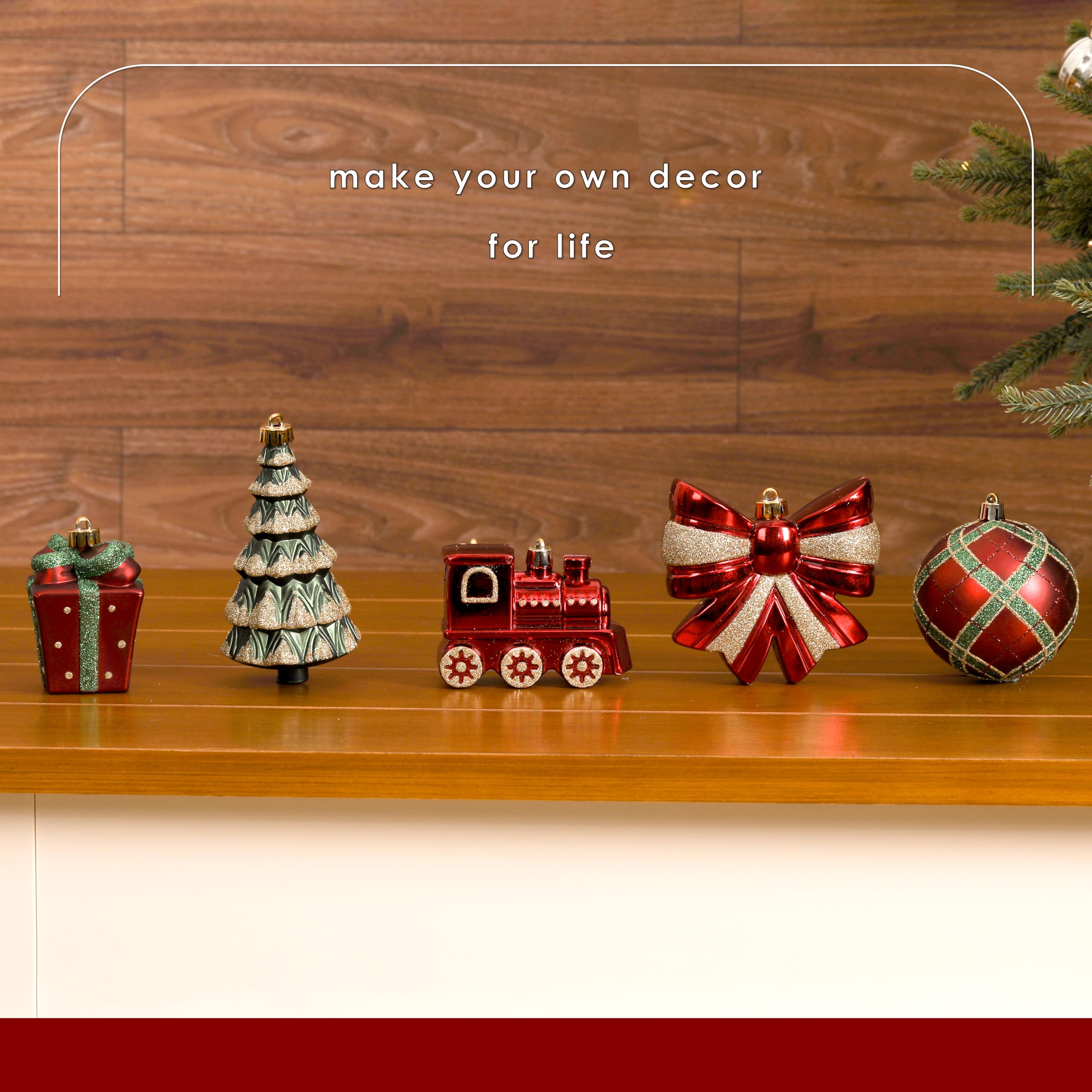 Red green and gold ornaments for DIY Christmas decorations