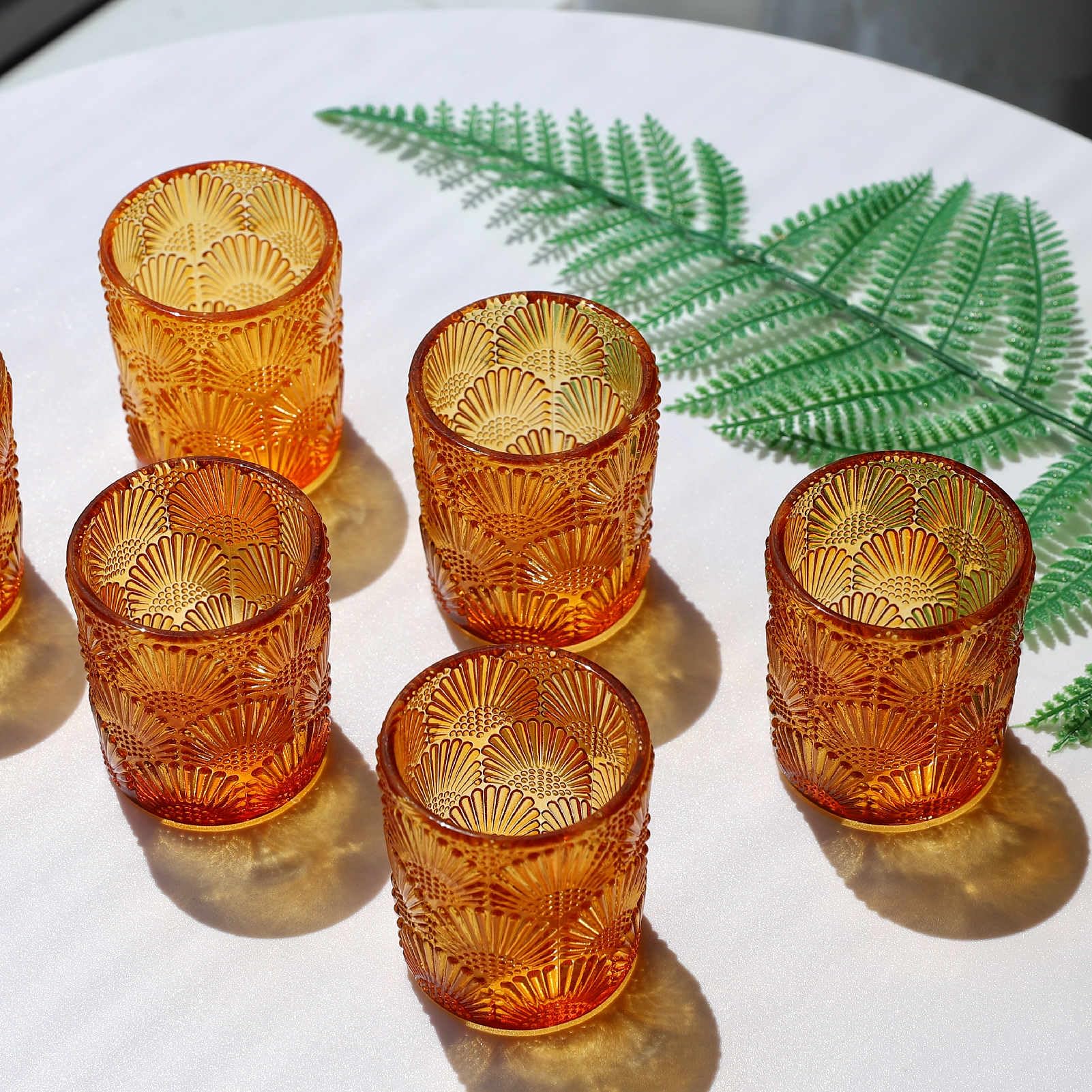 Amber Embossed Design Glass Votive Candle Holders