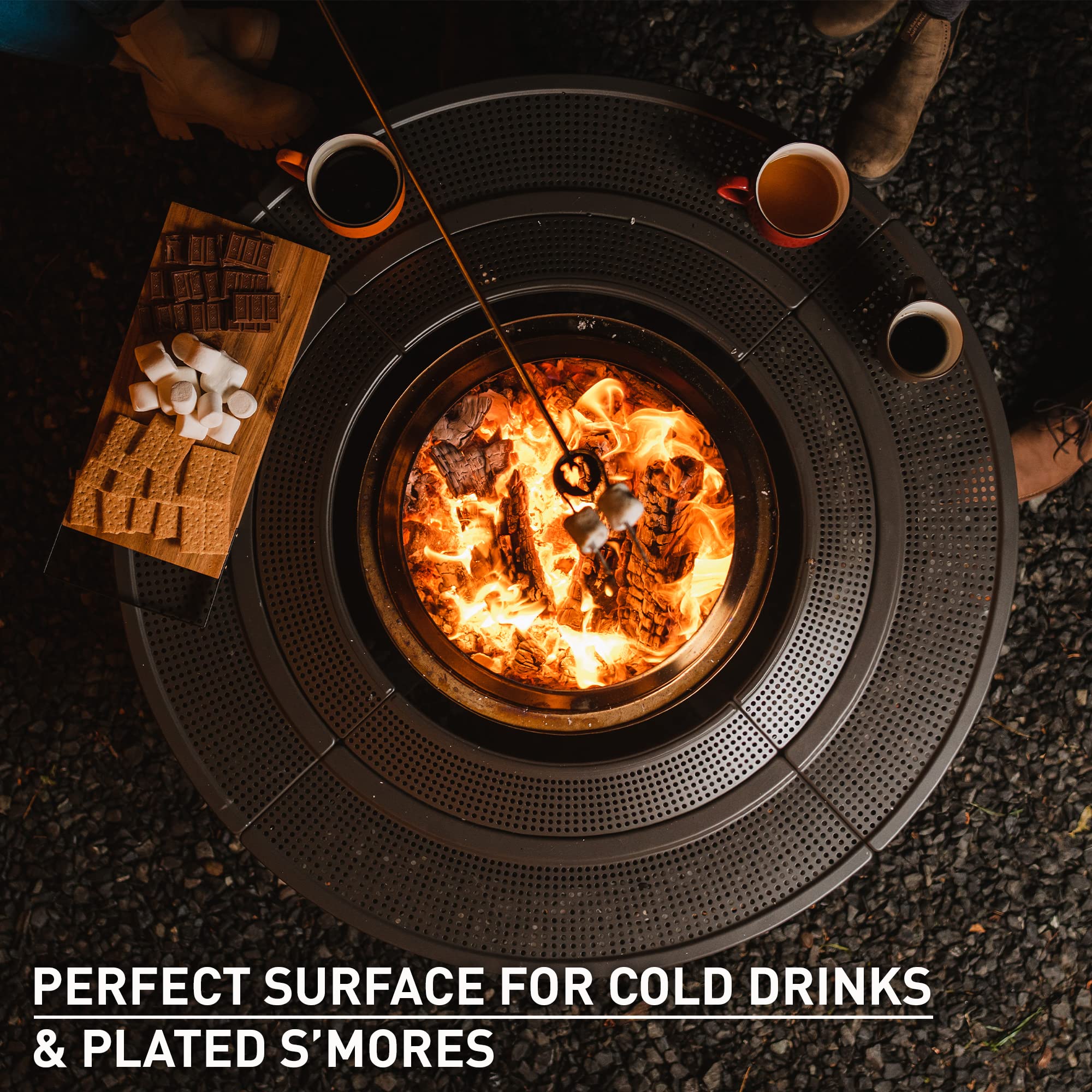 full-circle fire pit tabletop barrier is perfect for drinks and snacks