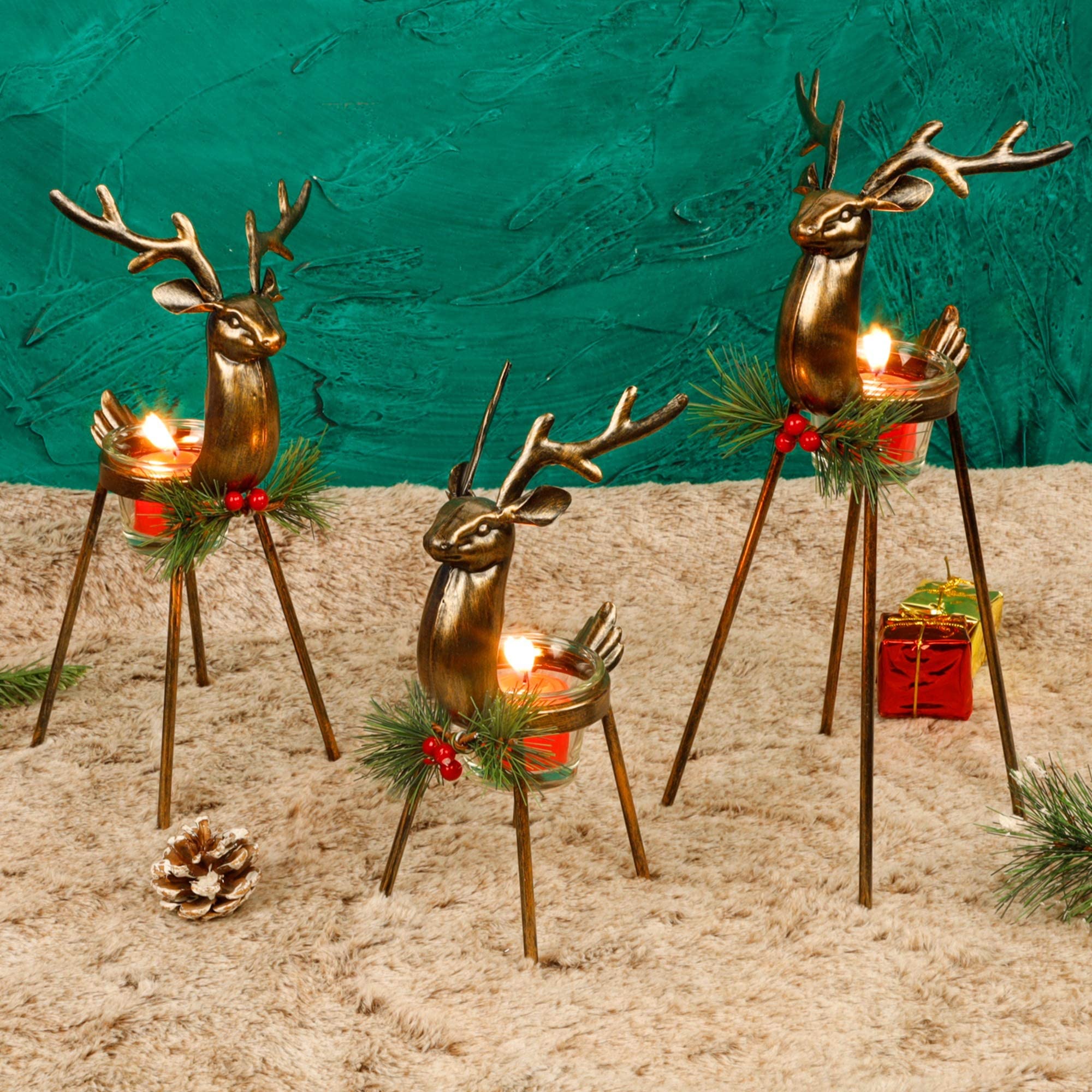 Bronze Finished Metal Reindeer Candle Holder Christmas Decorations