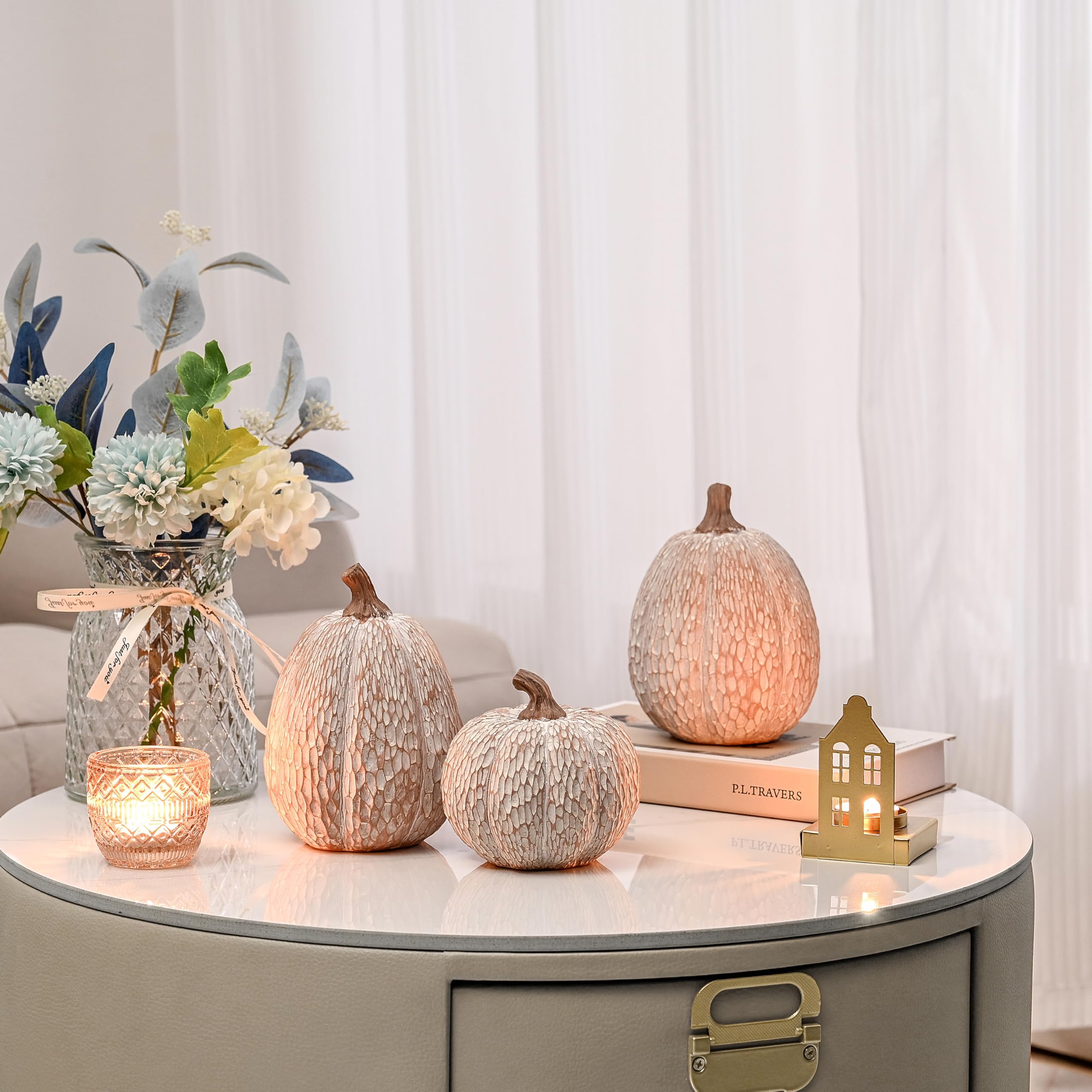 Set of 2 Brown and White Decorative Pumpkins Farmhouse Decor