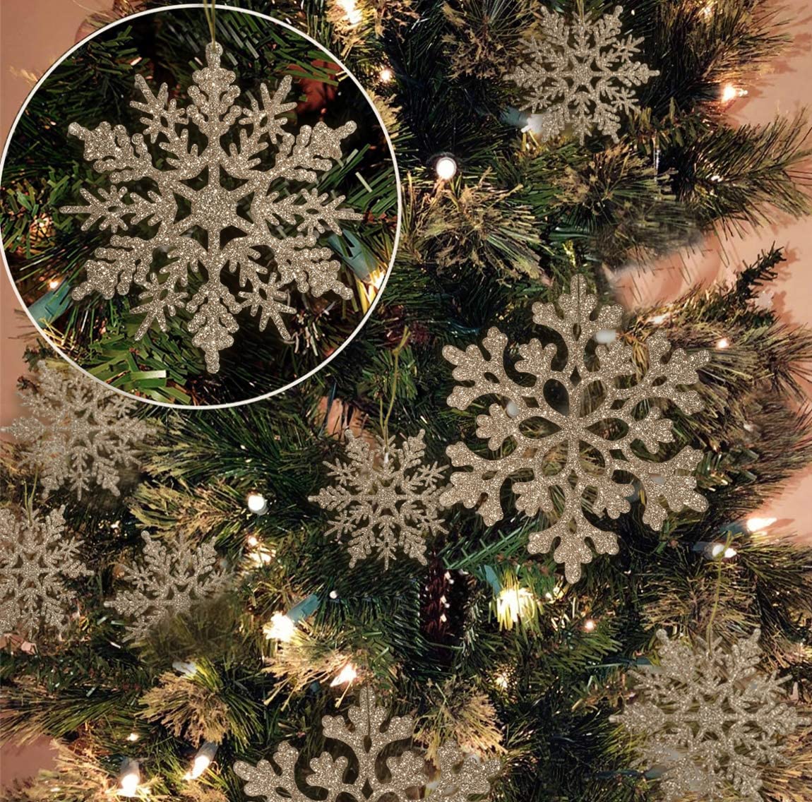 Champagne Gold Glitter Snowflake Christmas Ornaments