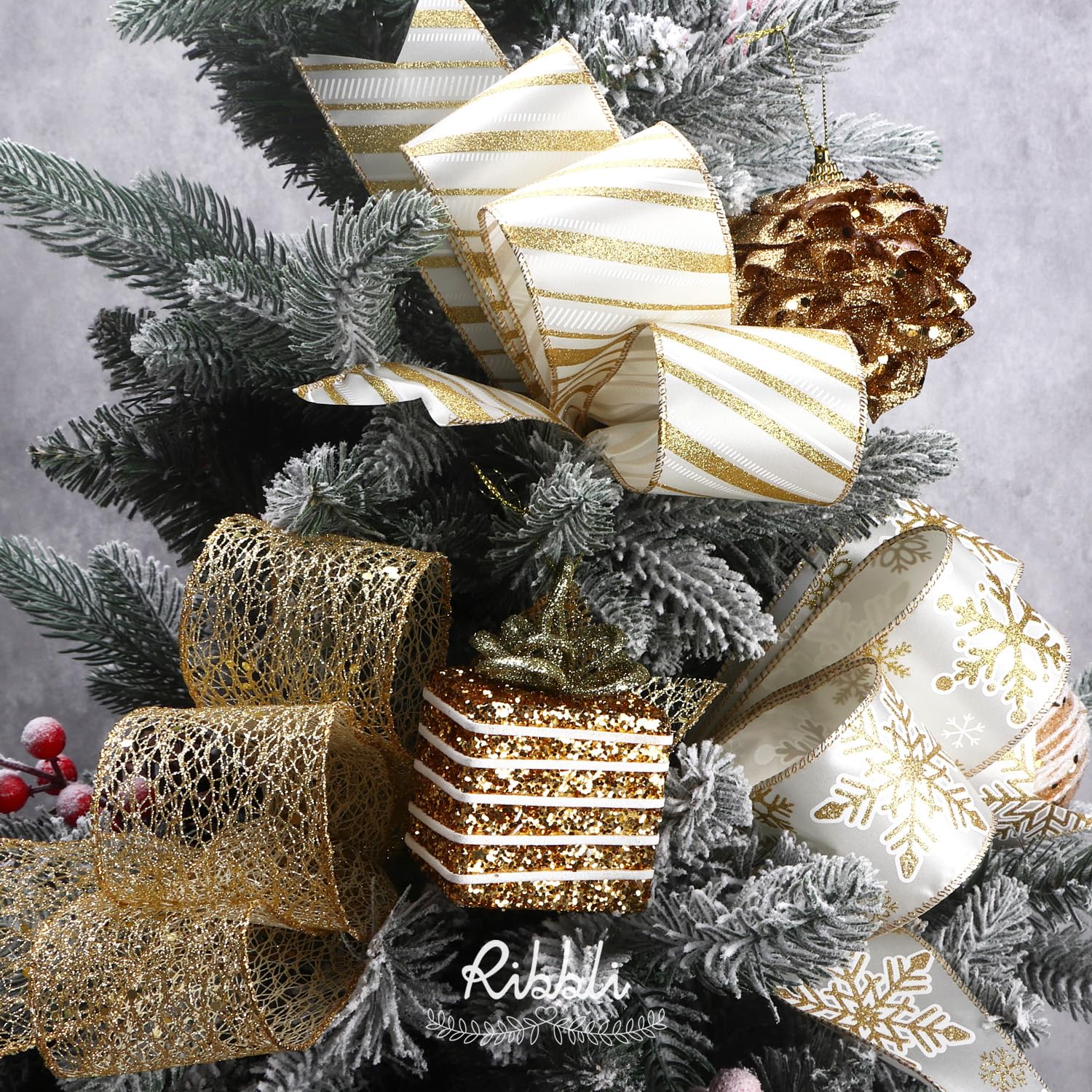 white and gold ribbon on Christmas tree