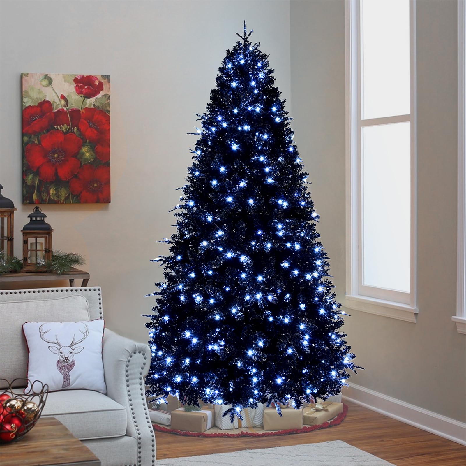 7 Foot Pre-Lit Black Halloween Tree with 450 Lights and Metal Stand