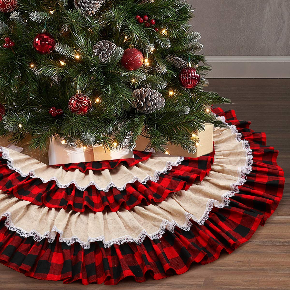 Buffalo Christmas Tree Skirt, 48 inches Plaid & Burlap Lace Ruffle