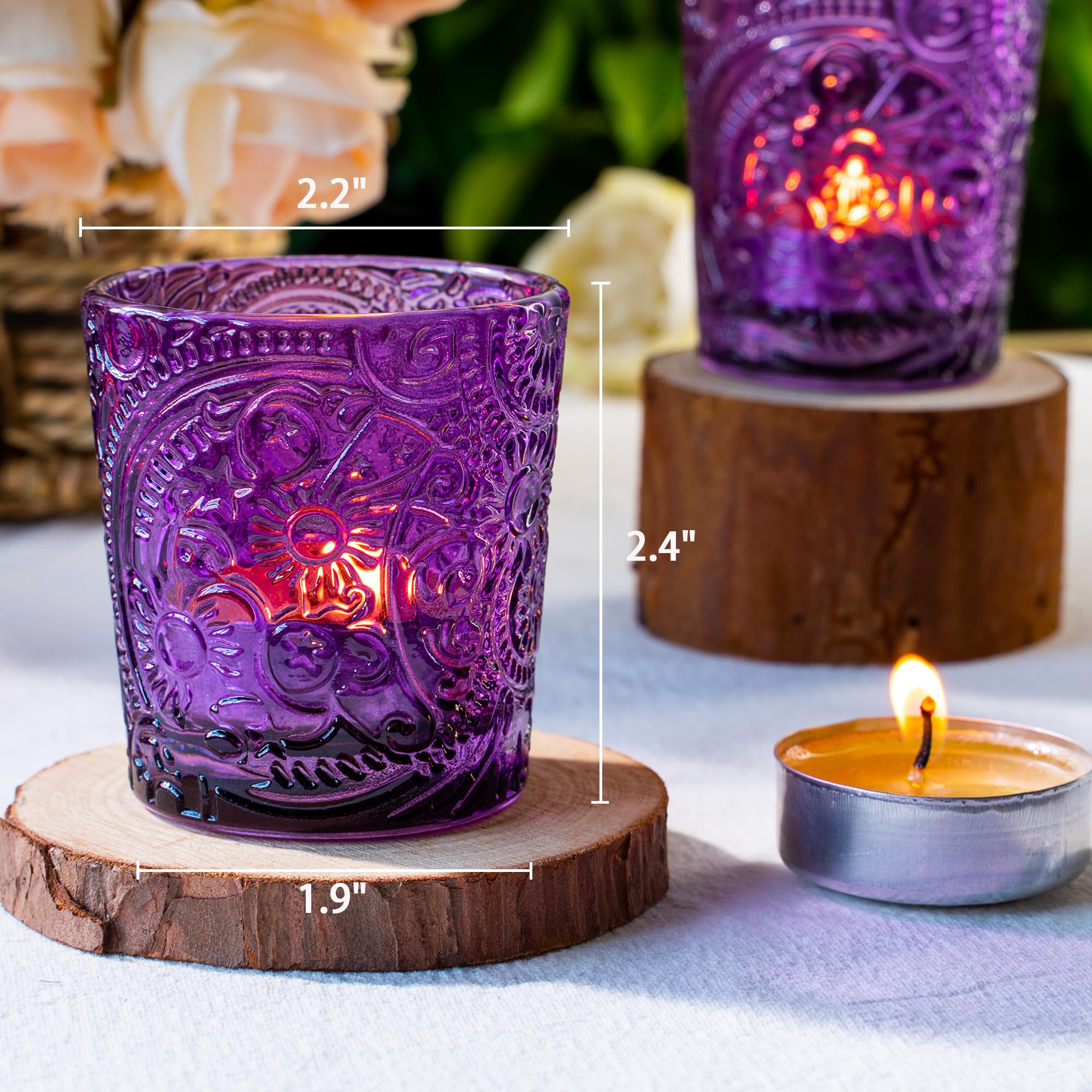 12 Pack Sun Moon Star Embossed Glass Tea Light Candle Holders Amethyst Purple