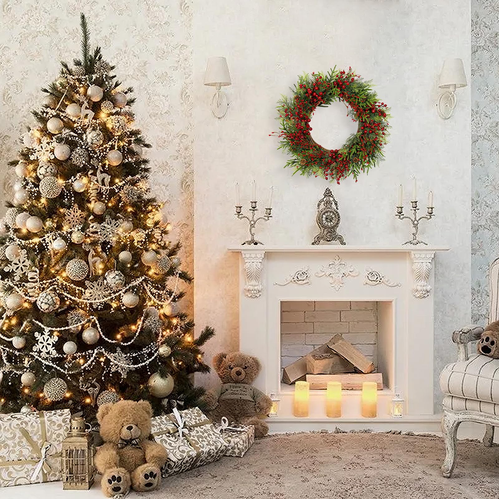 22 Inch Artificial Christmas Wreath with Pine Cones and Red Berries - Indoor or Outdoor Wreath Decoration