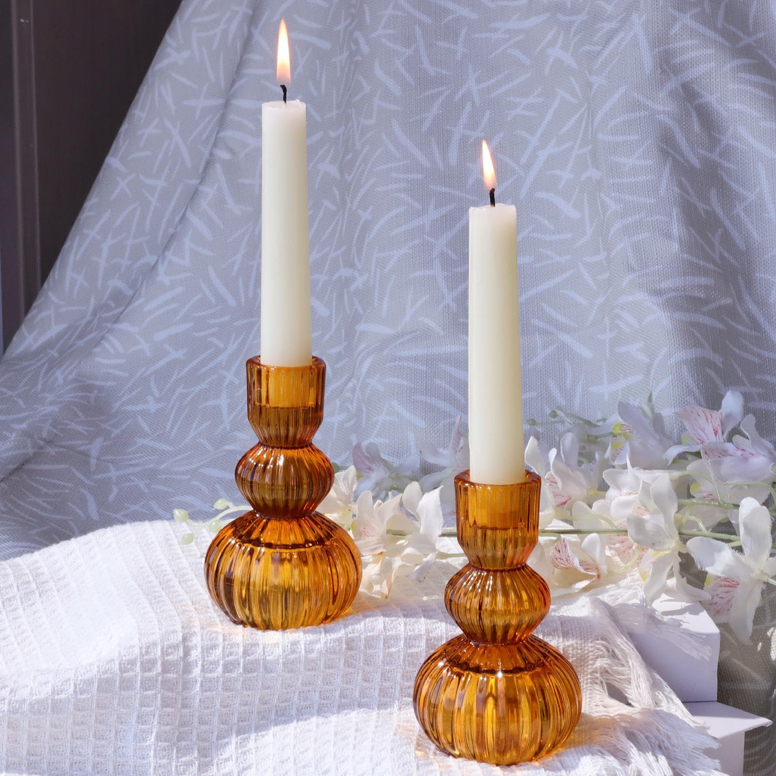 Ribbed Glass Amber Taper Candlestick Holders Set