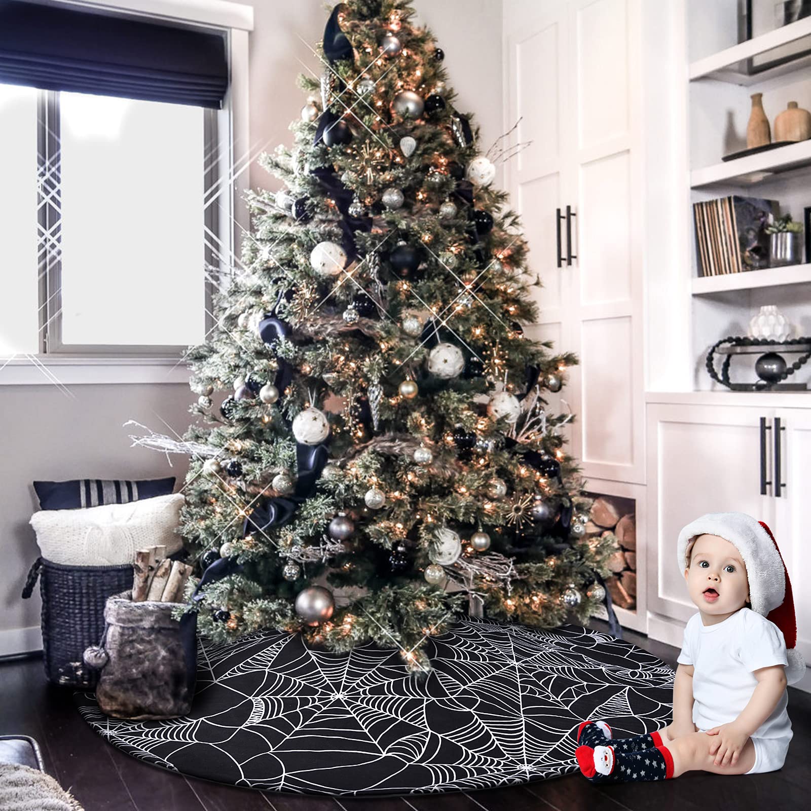 48” Spider Web Tree Skirt, Black Halloween Tree Skirt for 6-7.5 ft Tree