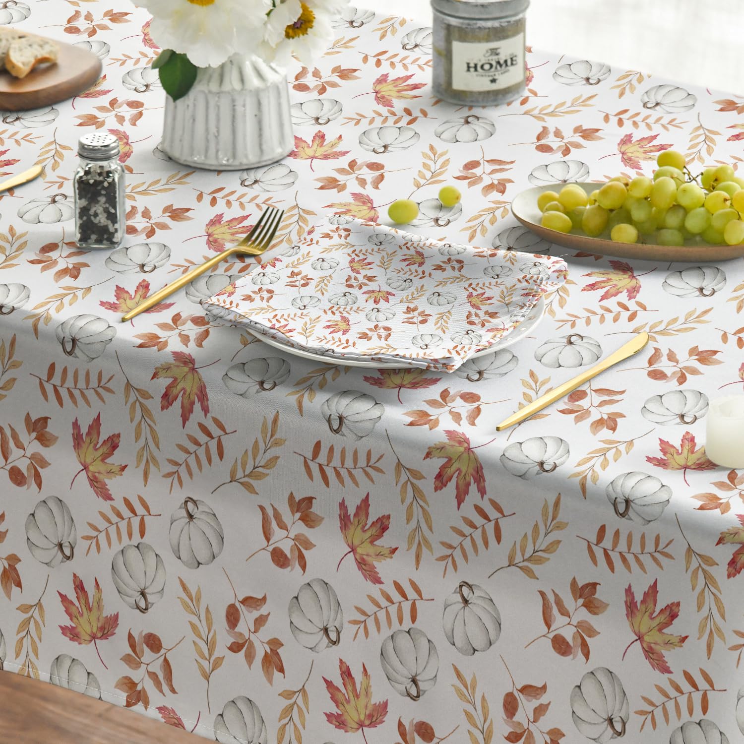 Thanksgiving Autumn Harvest White Pumpkin Orange Leaf Fall Tablecloth with Matching Napkins