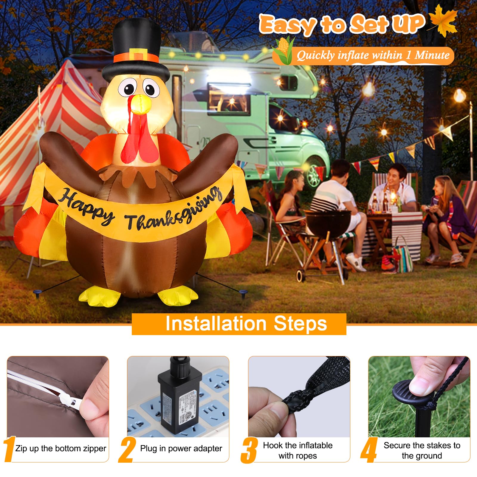 Inflatable Happy Thanksgiving turkey with banner and pilgrim hat