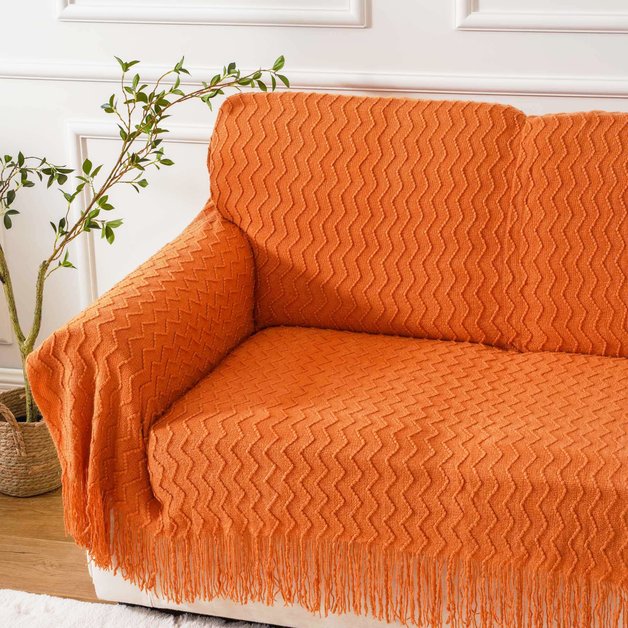 Burnt Orange Throw Blanket - Decorative Fall Throw Blanket with Tassels
