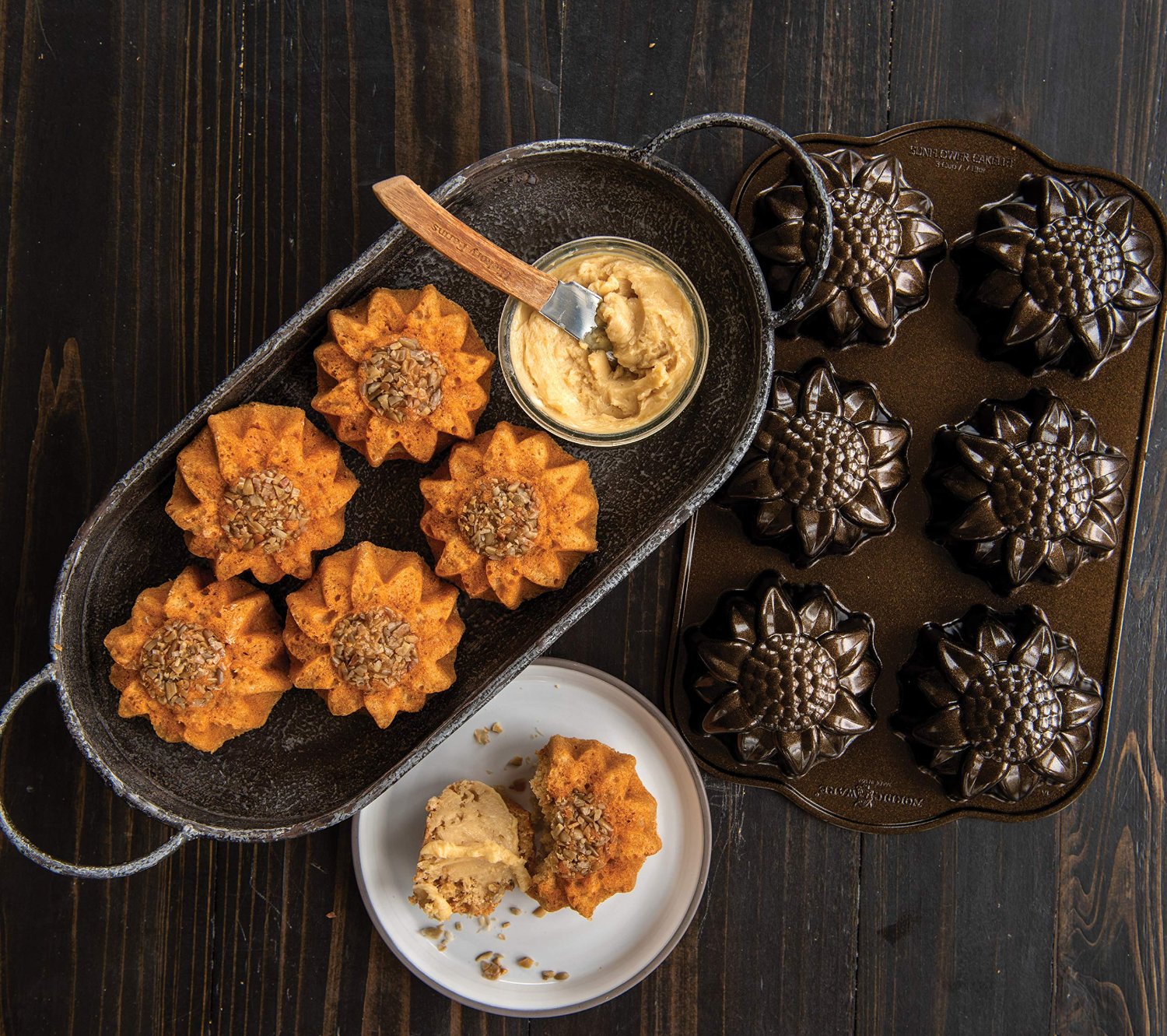 sunflower shaped mini cakes with bronze sunflower cake pan