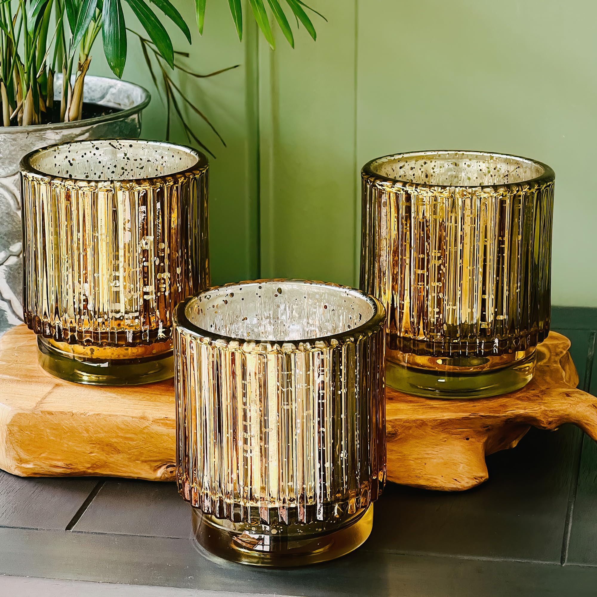 Gold Vintage Ribbed Glass Tealight Votive Candle Holders Set of 6