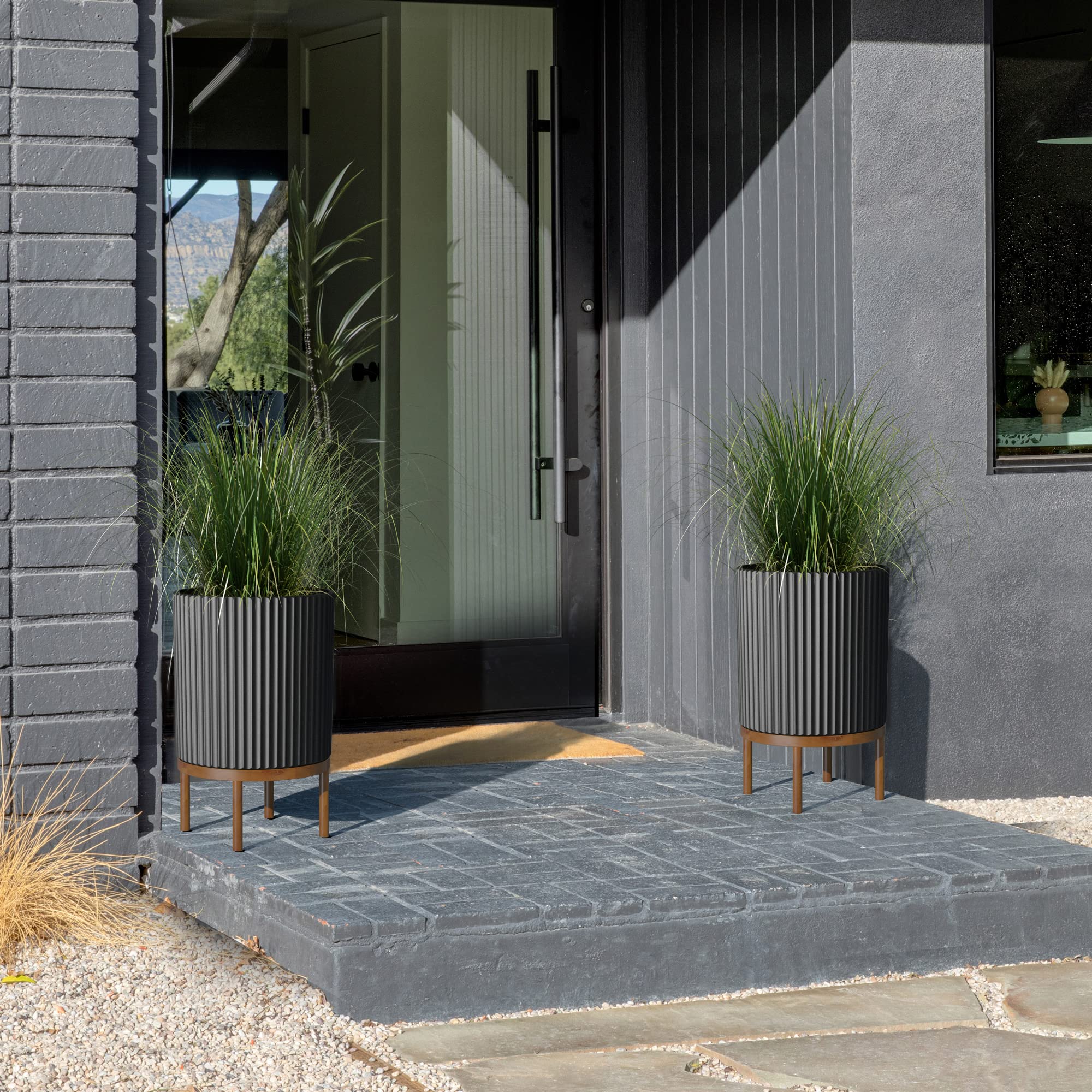 Black Round Planter with Stand for Porch