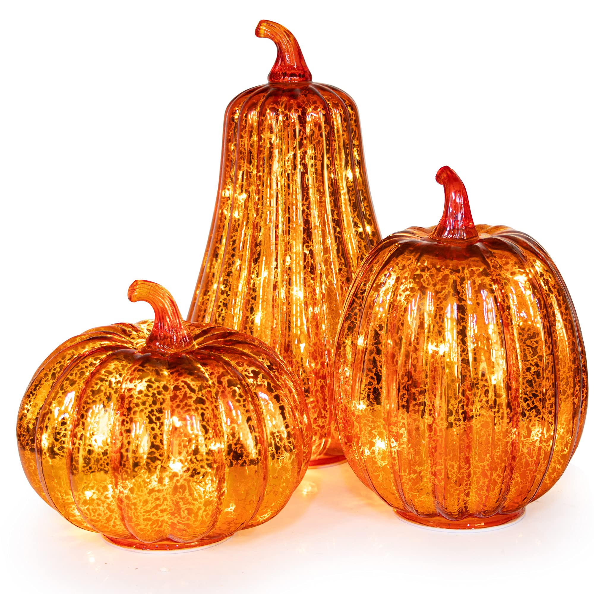 Glass Pumpkin with Lights and Timer Set of 3 - Fall Thanksgiving Decor