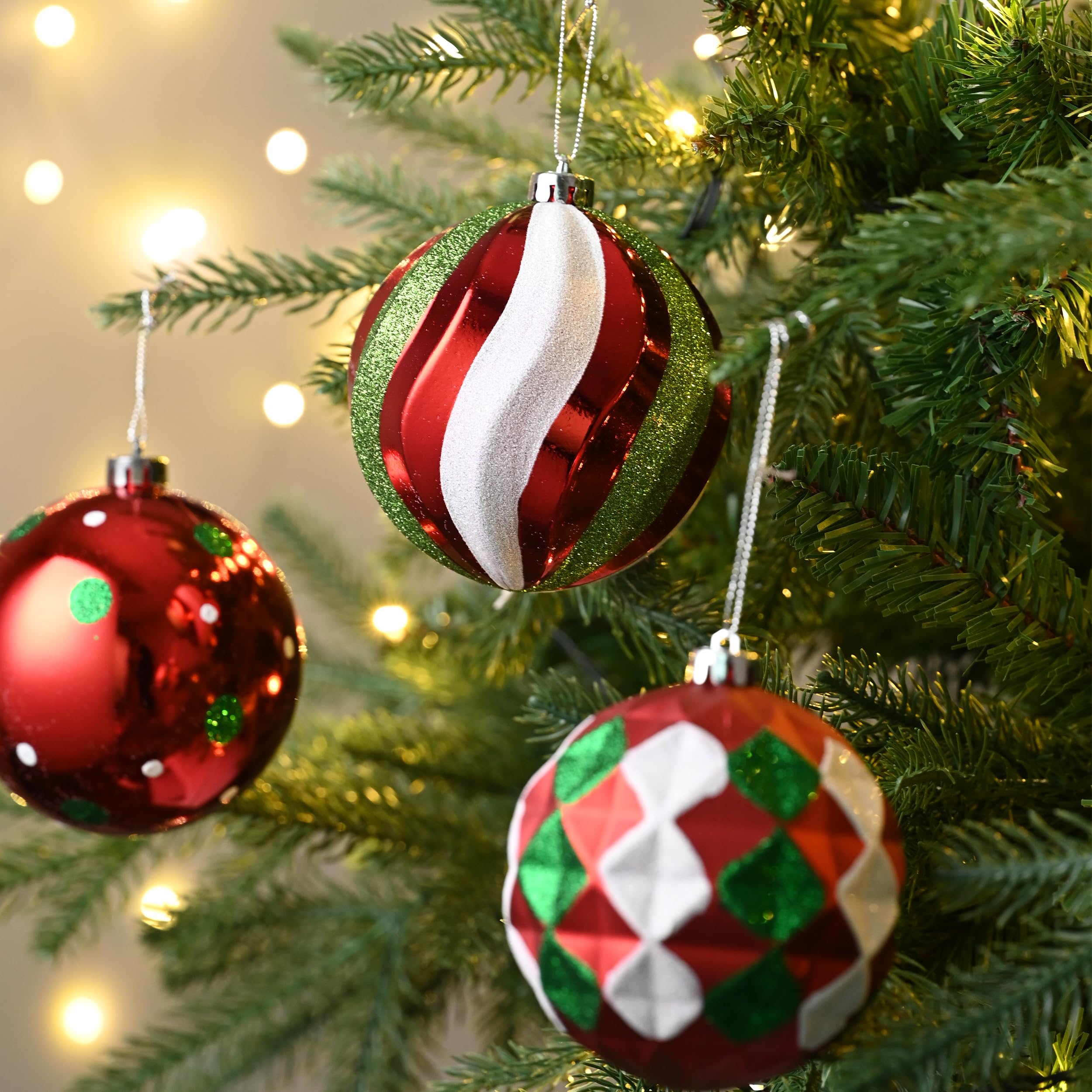 red green white multiple pattern Christmas ornament set