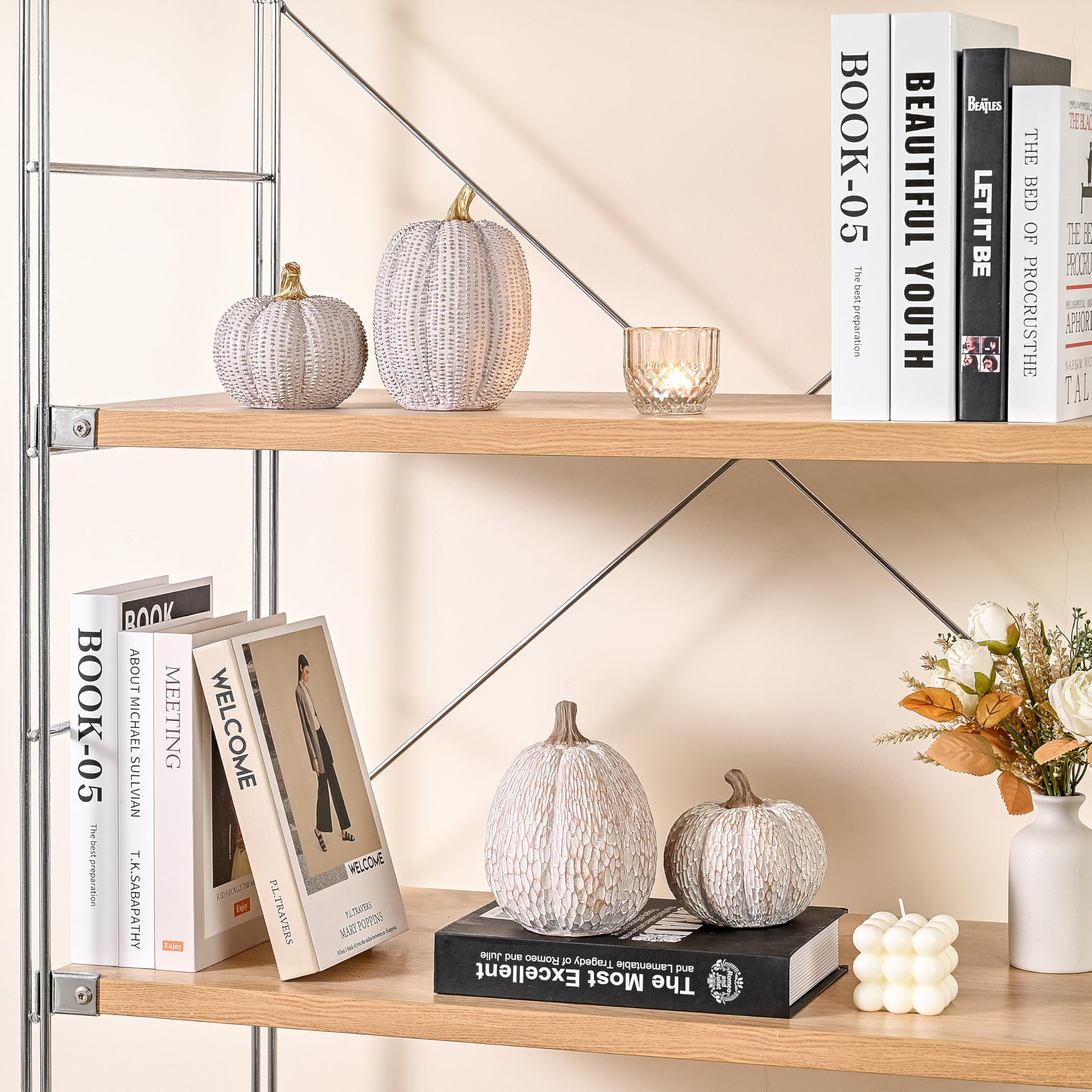 Set of 2 Brown and White Pumpkin Decorations