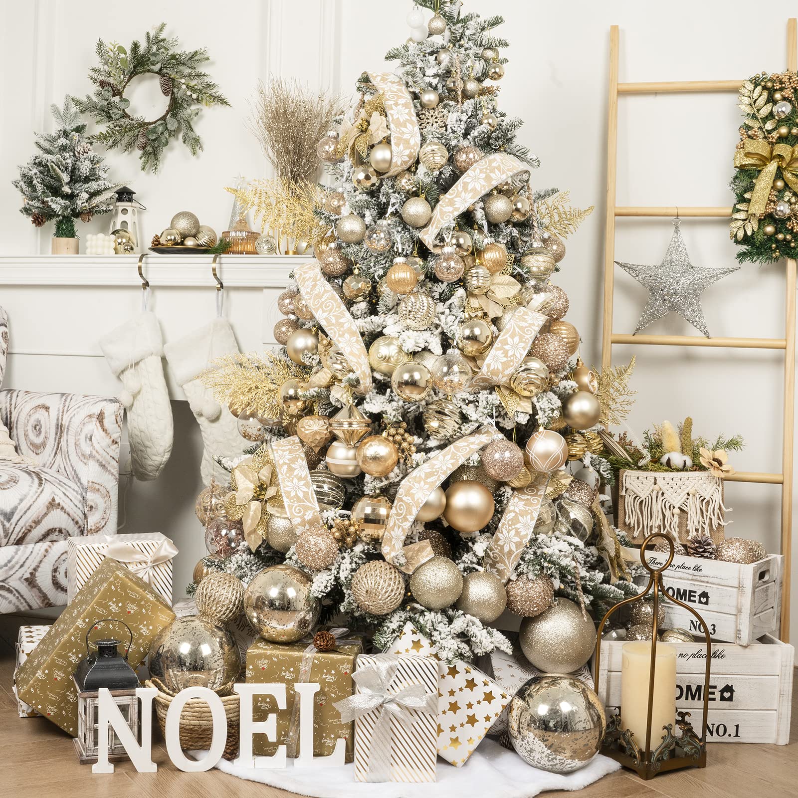 Champagne Gold Glitter Christmas Ornaments Display on Christmas Tree