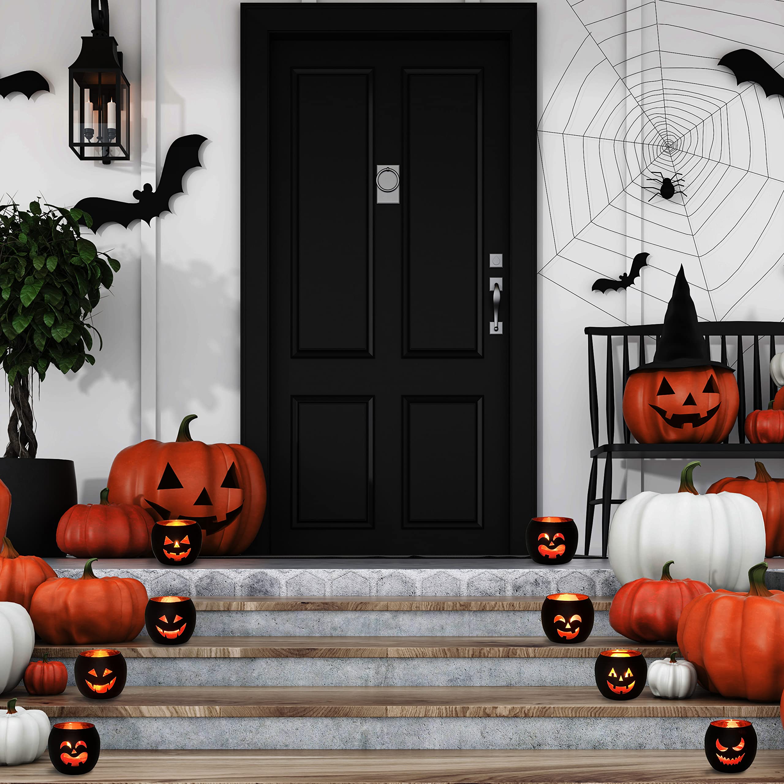 6 Jack O Lanterns Black Glass Votive Candle Holders Halloween Decor