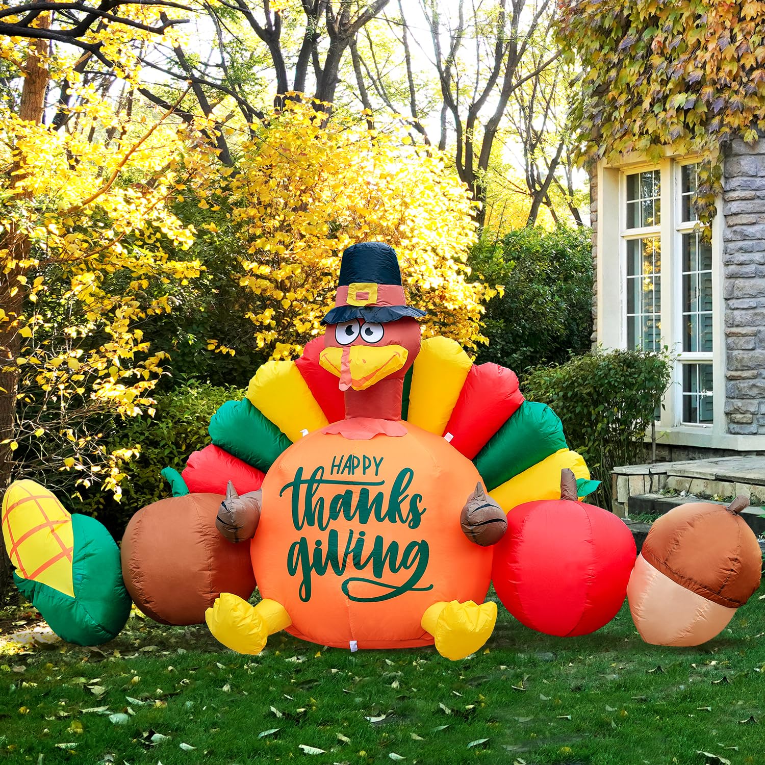 8FT Thanksgiving Inflatable Turkey with corn, acorn, and vegetables